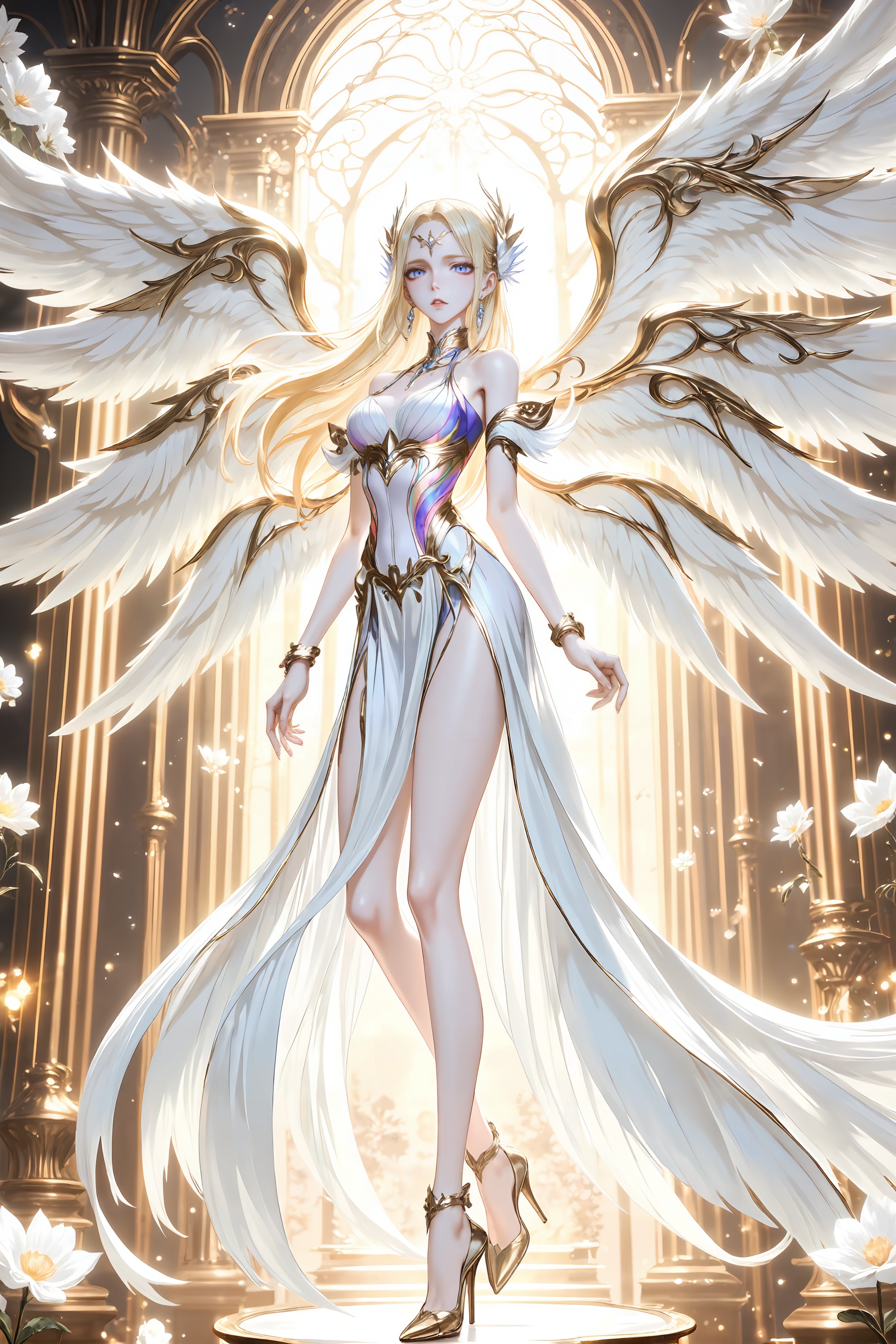 <lora:神装千仞雪-0.0894:0.8>,qianrenxue,1girl,wings,blonde hair,long hair,solo,breasts,dress,high heels,flower,angel wings,white dress,full body,blue eyes,pillar,looking at viewer,bare shoulders,jewelry,multiple wings,white wings,hair ornament,feathered wings,earrings,parted lips,10,close-up details,outstanding style,adding a touch of dimension to your images without compromising details,whirls of vapor,iridescent textures,(Anime:1.1),ethereal ambiance,delicate details,magical high-concept,32K UHD,sharp focus,best-quality,masterpiece,golden hour,unconventional supreme masterpiece,masterful details,temperate atmosphere,with a high-end texture,in the style of fashion photography,photography,cover,dynamic angle,dynamic posture,(artist:quasarcake:0.8),extreme aesthetic,(wlop:0.6),(honjou raita, lack, rella:0.5, wanke),masterpiece,best quality,good quality,very aesthetic,absurdres,visual impact,a shot with tension,ultra-high resolution,32K UHD,sharp focus,best-quality,masterpiece,emotionalization,unconventional supreme masterpiece,masterful details,temperate atmosphere,with a high-end texture,in the style of fashion photography,(visual impact:1.2),giving the poster a dynamic and visually striking appearance,impactful picture,official art,colorful,splash of color,movie perspective,masterpiece,best quality,amazing quality,very aesthetic,absurdres,best quality,newest,