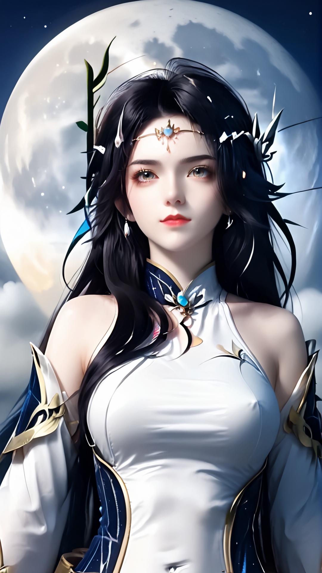 The image is a digital illustration of a young woman with long dark hair and a crown of thorns on her head. She is wearing a white and blue outfit with gold accents. The outfit has a high neckline and long sleeves,and she is holding a sword in her right hand. The woman is standing in front of a full moon,with a blue sky and clouds in the background. She has a serious expression on her face and is looking directly at the camera. The overall mood of the image is mystical and powerful.,<lora:pony玄衣-000005:0.8>,