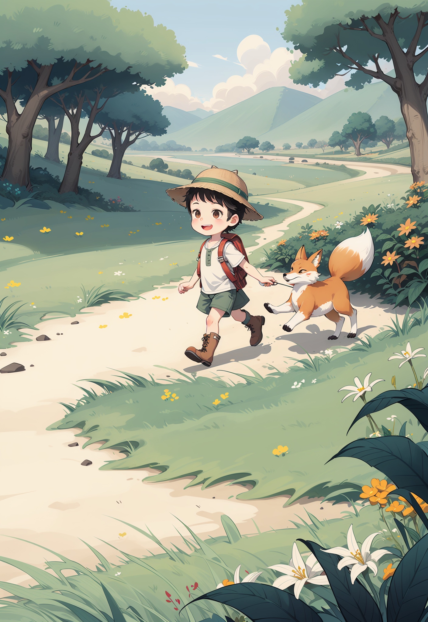 boy in safari hat, fox, walking, grass, flowers, bushes, cheerful, outdoors, nature, adventure, hiking boots, summer outfit