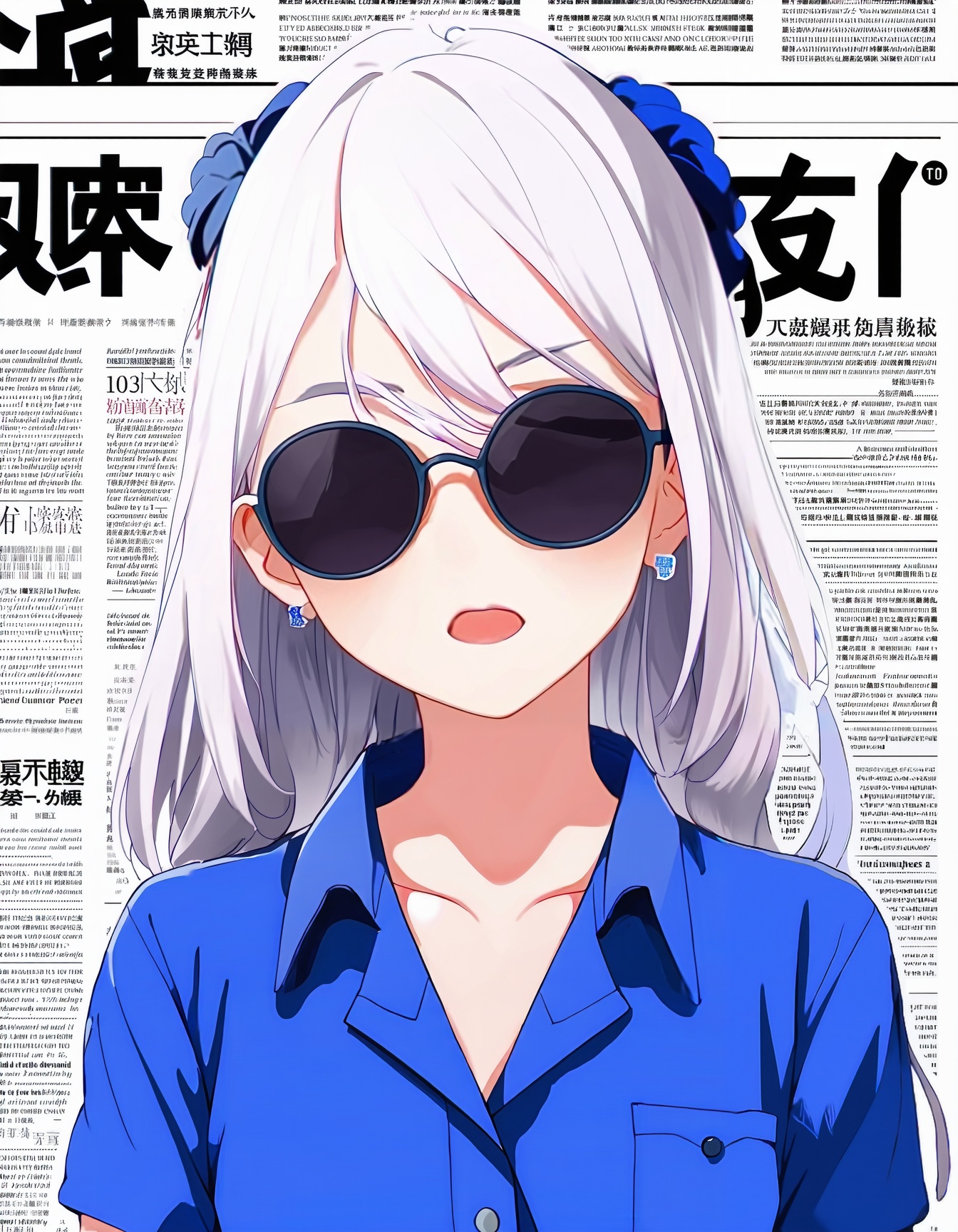 anime style,  an anime girl wearing sunglasses and a blue shirt in front of a newspaper on Tensor.Art