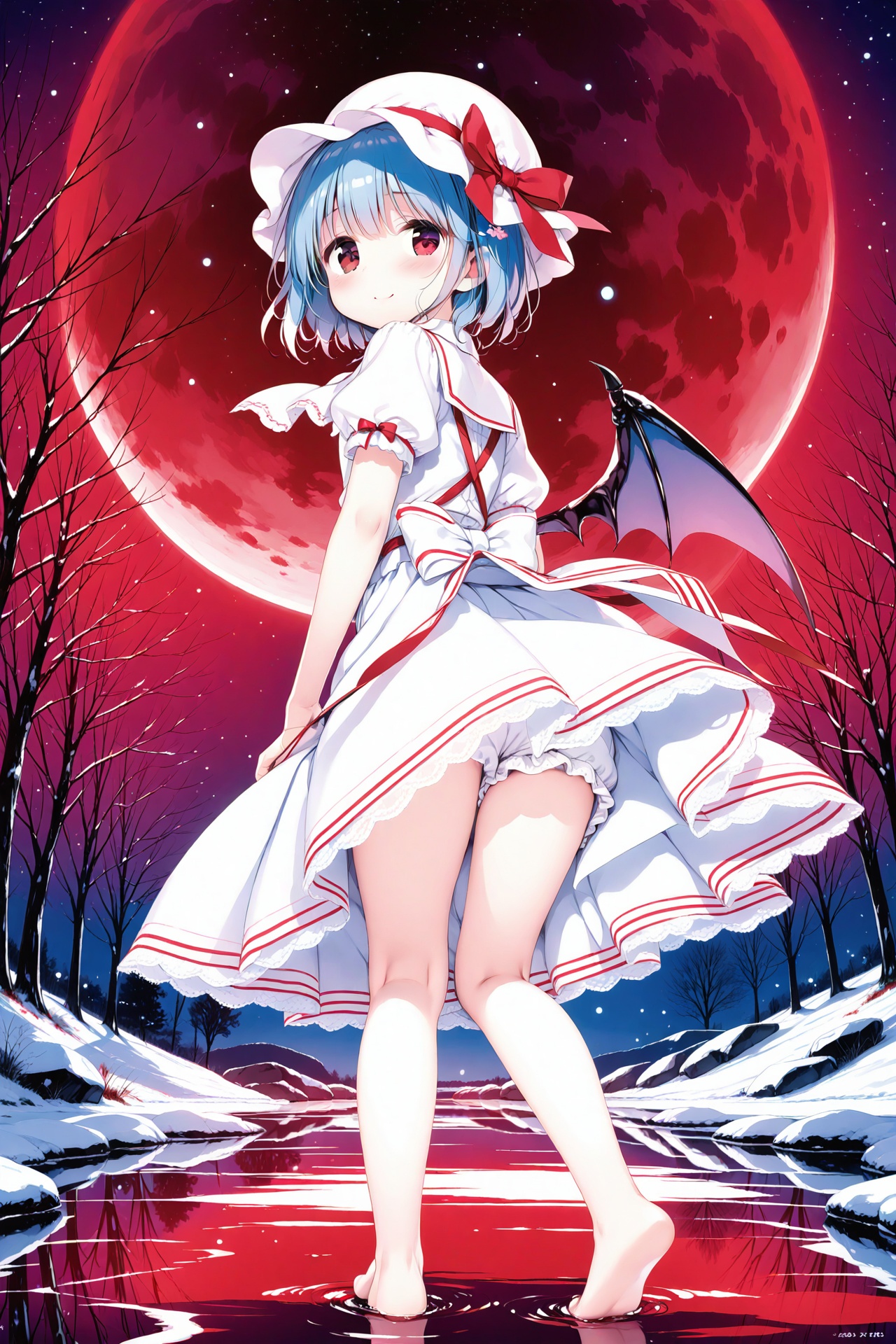 (masterpiece), (best quality),2023 Era,illustration, ultra detailed, hdr, Depth of field, (colorful), loli,1girl, ke-ta, ascot, bare tree, barefoot, bat wings, best quality, blood, blood on hands, bloomers, blue hair, frills, from behind, full body, full moon, hat, hat ribbon, looking at viewer, looking back, mob cap, moon, night, night sky, outdoors, pool of blood, puffy short sleeves, puffy sleeves, red eyes, red moon, red ribbon, remilia scarlet, ribbon, sash, shirt, short hair, short sleeves, skirt, skirt set, sky, smile, solo, standing, standing on liquid, star (sky), starry sky, tree, underwear, water, white bloomers, white skirt, wings