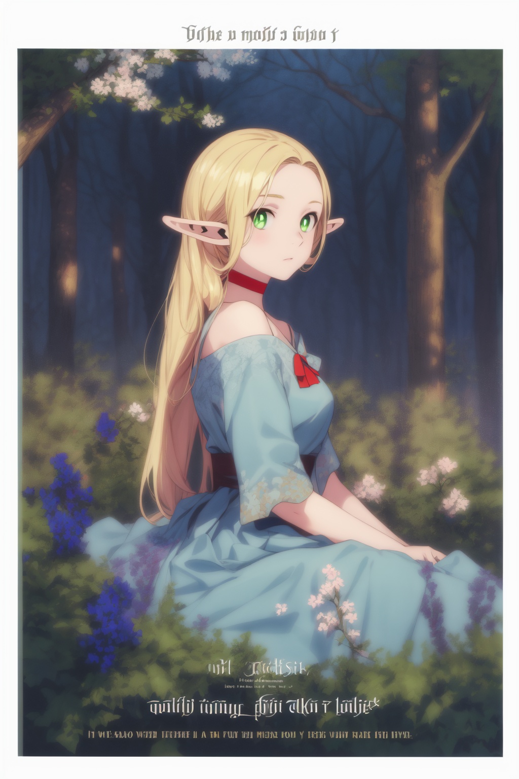 1girl,looking at viewer,solo,elf,long hair,blonde hair,pointy ears,green eyes,choker,red choker,<lora:Marcille (3):0.8>,Marcille_CYQL,(naughty_face,lying,bust,from_side:1.1),Tiered ruffle sundress in a solid vibrant color,beautiful face,beautiful eyes,glossy skin,shiny skin,Forest, Bluebells, Trees, Flowers, Spring, Colors, Serenity, Beauty,Rose bushes, Spring blooms, Garden sanctuary, Fragrant air, English countryside, Springtime charm,beautiful detailed sky,beautiful detailed glow,(movie poster:1.2),(border:1.3),(English text:1.4),posing in front of a colorful and dynamic background,masterpiece,best quality,beautiful and aesthetic,contrapposto,female focus,fine fabric emphasis,wallpaper,fashion,intricate detail,finely detailed,fine fabric emphasis,glossy,<lora:增强减少细节add_detail:0.4>,