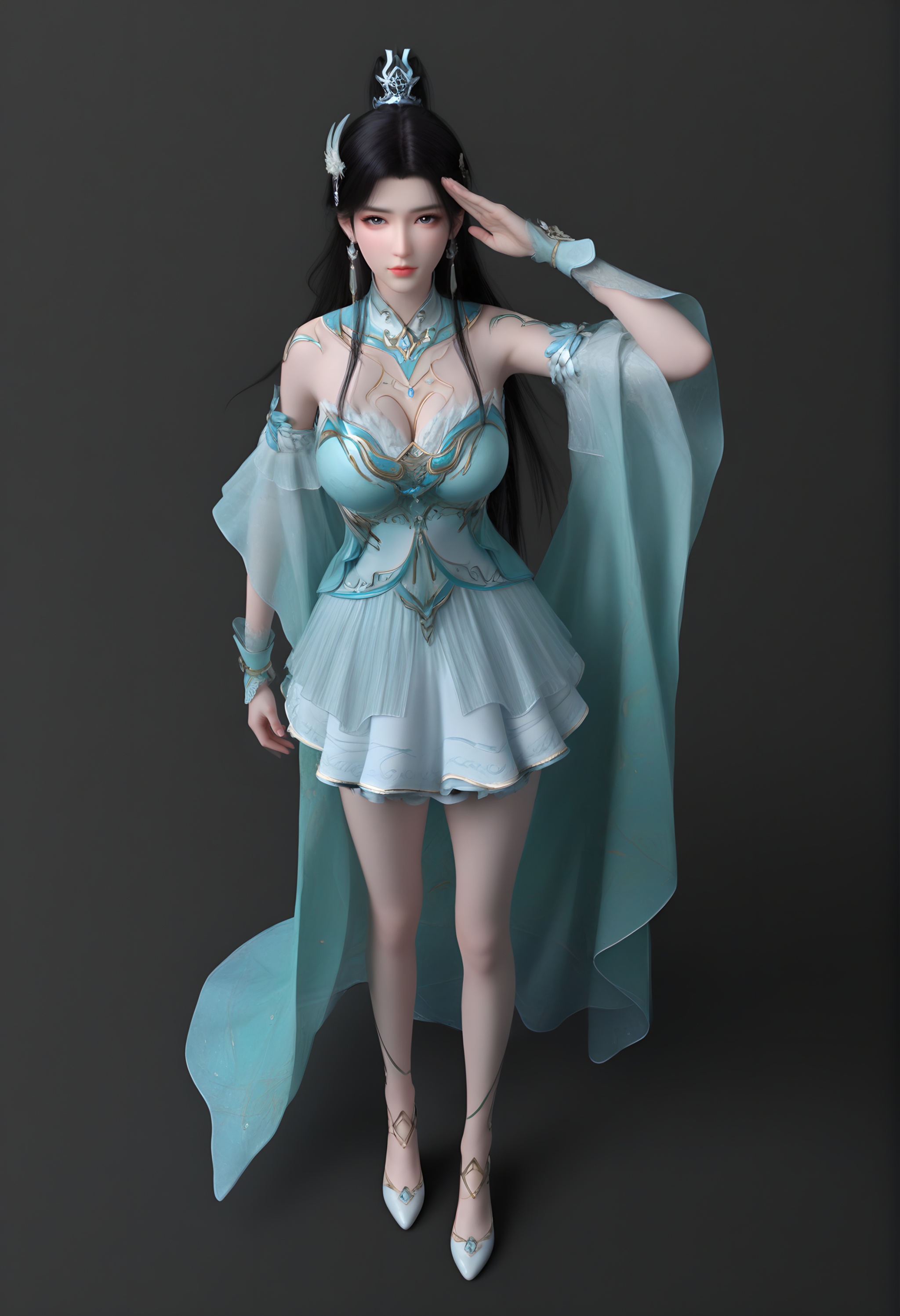 (score_9),high heels,full body,standing,<lora:古熏儿2-apony-000008:0.83>,guxuner,1girl,solo,long hair,hair ornament,earrings,ponytail,hair tie,black hair,jewelry,single hair bun,gold accessory,detached collar,jewelry,dress,detached sleeves,wrist cuffs,cape,bare legs,mature_female,collarbone,large breasts,cleavage,BREAK<lora:Expressive_H-000001:0.8>,light blush,Expressiveh,looking at viewer,front view,from above,salute,one side up,dutch angle,cowboy shot,standing,<lora:e肤色滑块:0.25>,fair_skin,(pale skin),ultra-detailed skin texture,detailed textures,<lora:皮肤凹痕:1.2>,BREAKsimple background,black background,<lora:e色温:0.25>,4K ultra HD,sharp focus,high detail,high contrast,