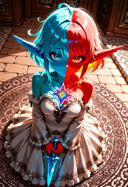 newtraumacore, masterpiece, best quality, dutch angle, dual blade, red fire blade, blue ice blade,, Adorable 3D Character, rainbow swirl, (Mosque:1.1) , the Mosque is Noble and Internally Glowing, it is smooth, deep focus, straight photography, detailed, dreamy, idealized beauty, 3D render, 3D art