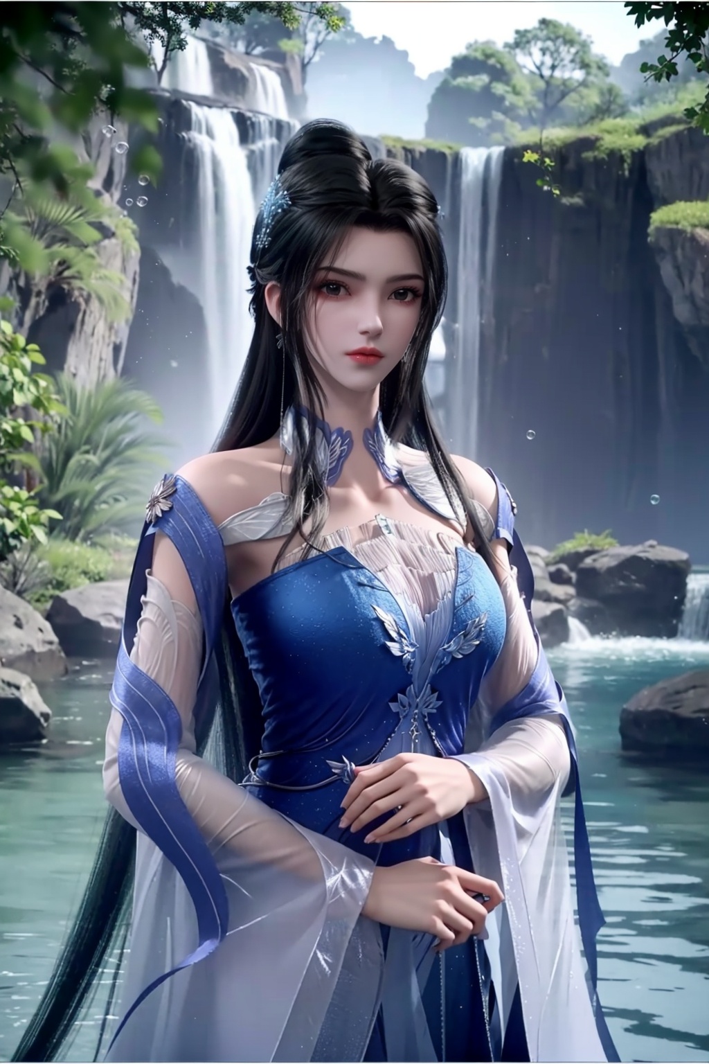 (8k, RAW photo, best quality, masterpiece:1.2),hatching (texture),skin gloss,light persona,artbook,(high detailed skin),glossy skin,contrapposto,female focus,model,(hot:0.7),sexy,fine fabric emphasis,wall paper,fashion,Lipstick,official art,extremely detailed CG unity 8k wallpaper,fate/stay night,standing,(cowboy shot),(under the water,coral,bubbles,beautiful detailed water,petals on liquid,outdoors:1.1),waterfall,upper body,1girl,solo,looking at viewer,expressionless,standing,lmwtwo,<lora:lmw:0.8>,
