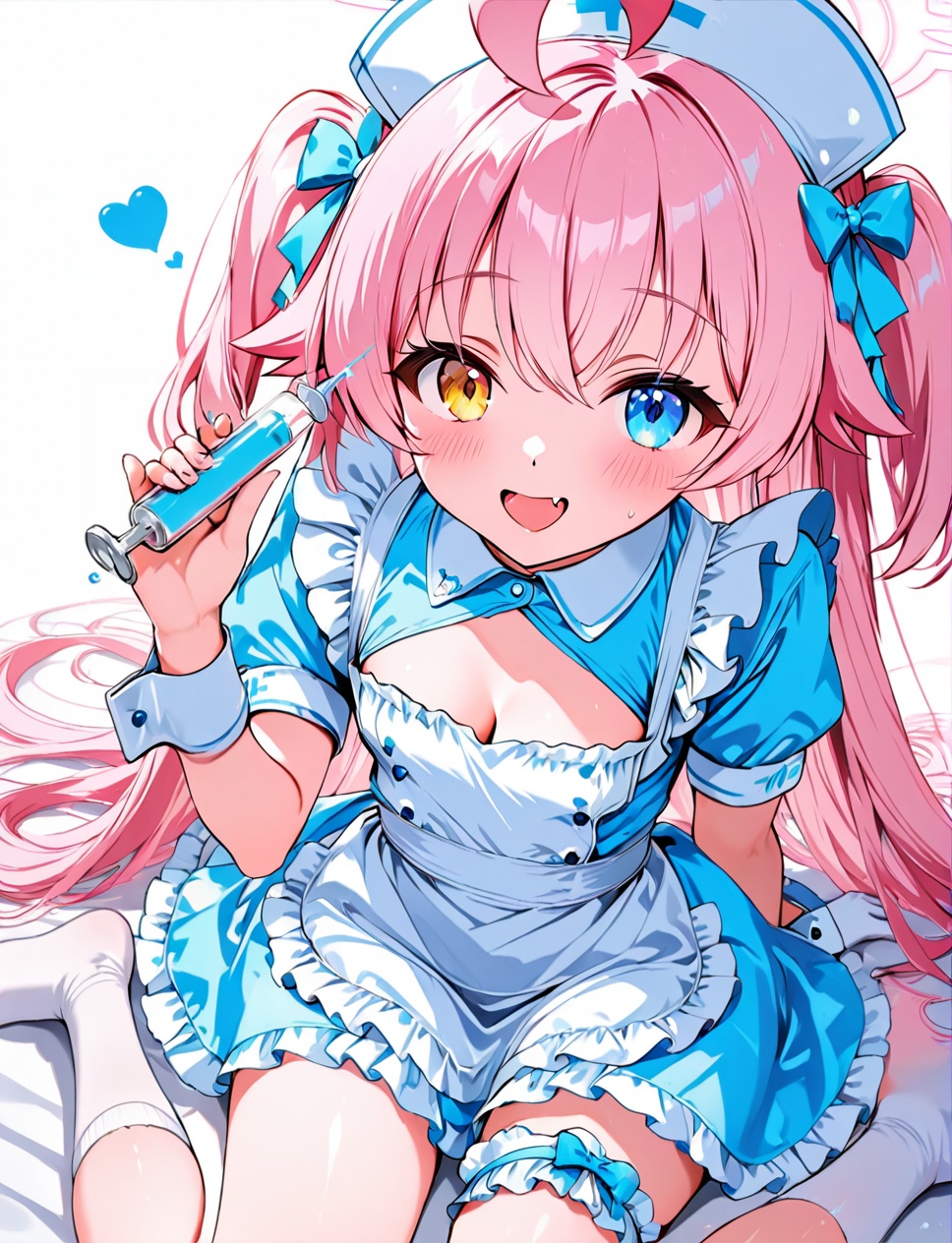 hoshino (blue archive),O,1girl,solo,nurse cap,heterochromia,pink hair,syringe,hoshino (blue archive),blue eyes,hat,long hair,nurse,apron,ahoge,sitting,halo,looking at viewer,smile,wariza,dress,holding,heart,yellow eyes,holding syringe,socks,bow,white background,fang,open mouth,very long hair,frills,white apron,blush,short sleeves,puffy sleeves,hair bow,bangs,wrist cuffs,blue dress,simple background,cleavage cutout,white socks,blue bow,no shoes,alternate costume,bridal garter,hair between eyes,:d,puffy short sleeves,thigh strap,breasts,frilled apron,clothing cutout,(UHD),anatomically correct,ccurate,textured skin,super detail,high details,award winning,best quality,high quality,retina,16k,HD,1080P,8k,