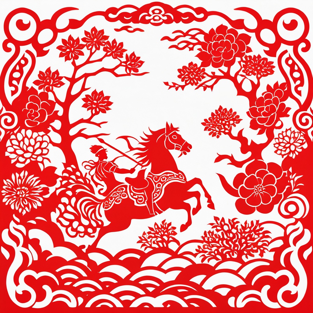 masterpiece,high quality,paper-cut art,nobody,solo,a big red flower,paper-cut style,Chinese style,Chinese year,festive,Cavalry Charge,Ancient China,Clouds and Smoke Entwined,fight the enemy,<lora:剪纸:0.8>,