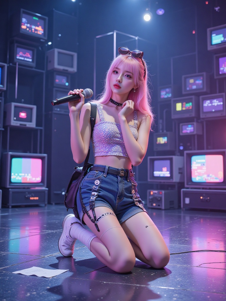 A holographic stage with a midground shot,where the virtual idol wears a 2000s retro crop top **** of programmable liquid crystal fabric that changes Y2K pixel patterns to the rhythm of the music. She kneels on one knee holding an old-fashioned microphone,while the microphone cable turns into a data stream connecting to an interface at the back of her head. The rivets on her denim hot pants are actually tiny speakers. LED strips on her knee-high socks form volume waveform graphics,and the choker around her neck converts fan comments into skin-electric-stimulation signals. In the background,there is a wall of CRT monitors with glitch art effects. When she tilts her chin up,a 3D scanner hidden among her pink wig captures the subtle facial expressions of the entire audience.,