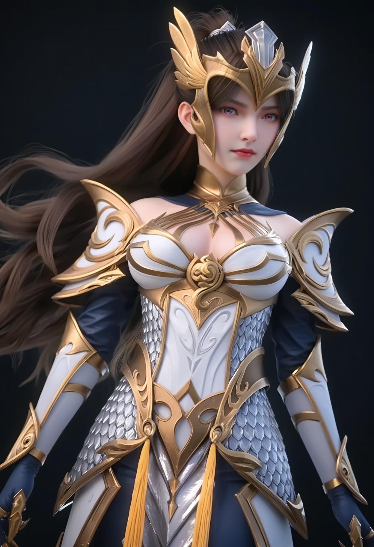 (cowboy shot:1.2),score_9,score_8_up,masterpiece,(best quality),intricate details,facing viewer,(looking at viewer:1.1),<lora:YQ_pony_nvzhanshen_V4:0.8>,q1528437228,1girl,solo,long hair,armor,black hair,shoulder armor,gauntlets,brown hair,ponytail,helmet,pauldrons,armored dress,hair ornament,breastplate,gloves,gorget,purple eyes,blue eyes,dress,vambraces,boots,brown eyes,armored boots,cape,BREAK(score_9:1.2),(score_8_up:1.2),masterpiece,best quality,very aesthetic,perfect anatomy,(hourglass),perfect face,(simple background,pure black background,black background:1.1),fair_skin,(shiny_skin:1.1),Ivory_skin,