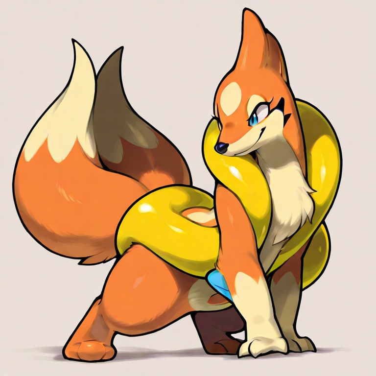 Masterpiece,Best Quality,floatzel,full body,feral,solo,no humans,pokemon \(creature\),seductive,extreme details,orange fur,2 tail,blue fin,<lora:floatzel  XL-000008:0.8>,simple background,happy,
