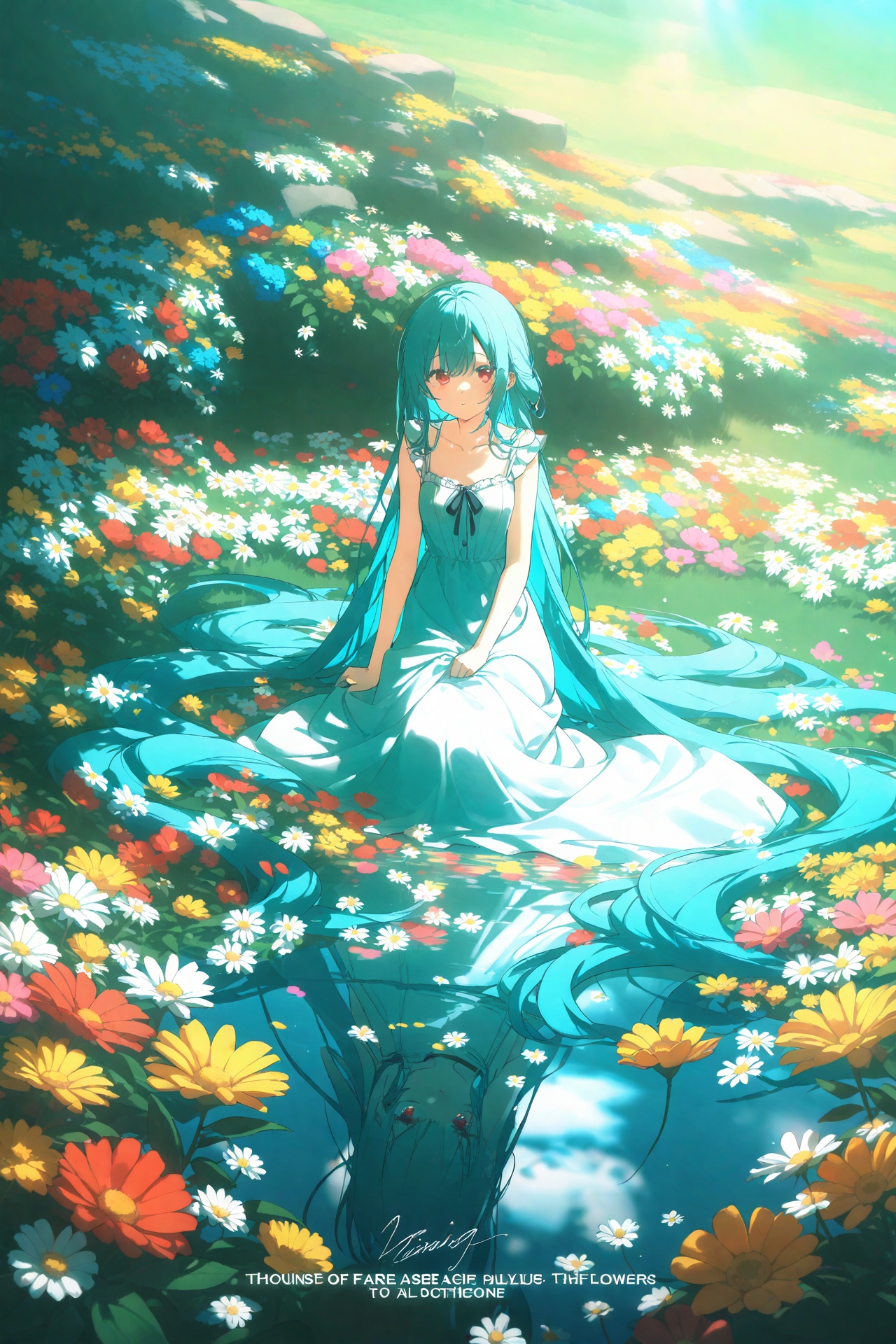 masterpiece,illustration,(reflection light),incredibly absurdres,(Movie Poster),(signature:1.3),(English text:1.3),1girl,girl middle of flower,pure skyblue hair,red eyes,clear sky,outside,collarbone,sitting,absurdly long hair,clear boundaries of the cloth,white dress,fantastic scenery,ground of flowers,thousand of flowers,colorful flowers,flowers around her,various flowers,