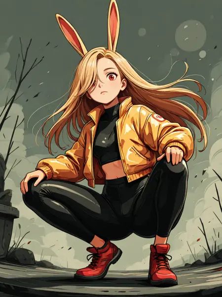 masterpiece, detailed_eyes, high_quality, best_quality, highres, subject_focus, depth_of_field,masterpiece, detailed_eyes, high_quality, best_quality, highres, subject_focus, depth_of_field,Complementary Colors,1girl, woman, leggings, yellow jacket, see-through jacket, latex jacket, shirt, bare midriff, bunny ears, blonde hair, hair over eye, red eye, very straight hair, tilted head, dynamic angle, looking at viewer, action motion, abstract, splatter, splash art, crouching, hand on knee, fisheye angle,simple background, fog, bokeh,lazypos