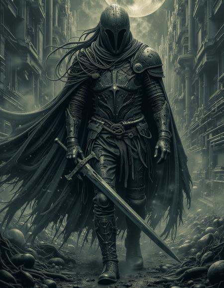 A spectral knight clad in ancient crusader armor roams a desolate battlefield,  his form flickering like a ghost. His swor...