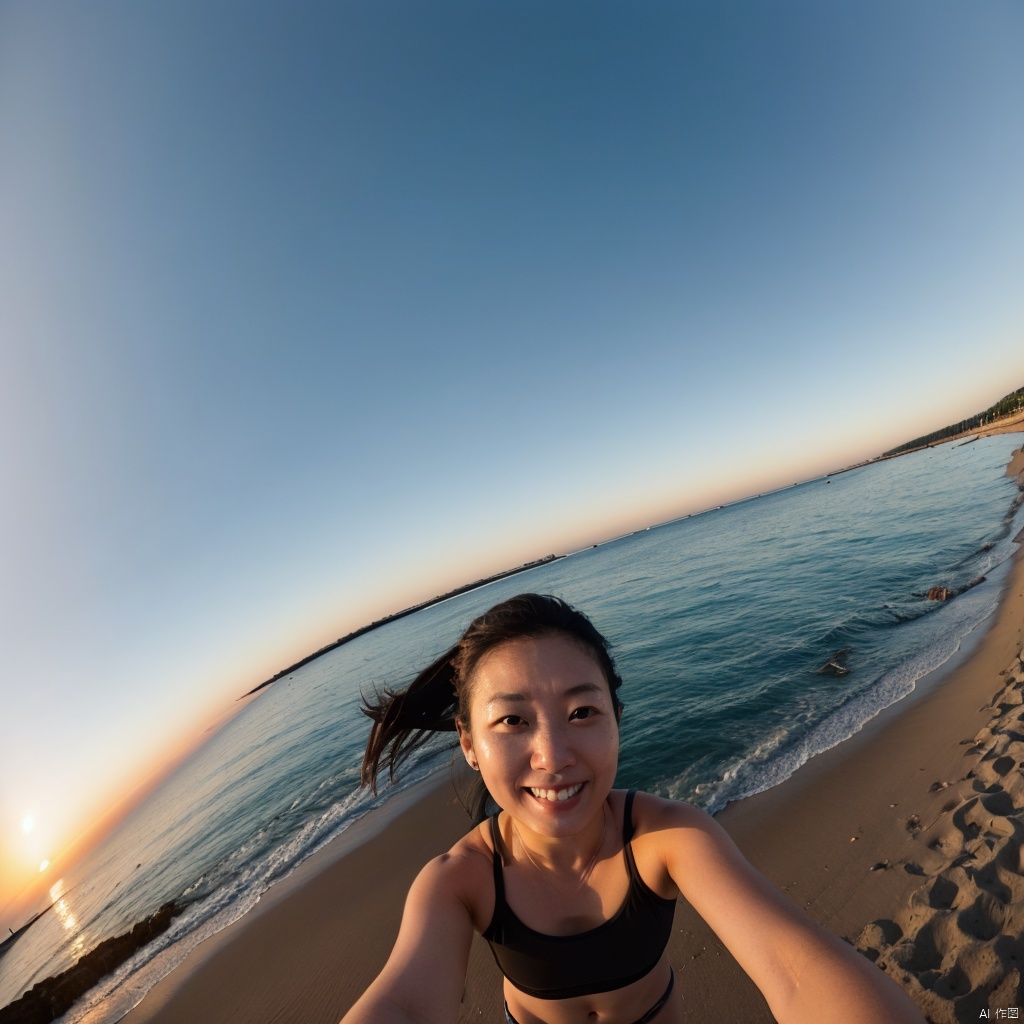 a Asian woman takes a fisheye selfie on a beach at sunset, prospect,High angle overhead view