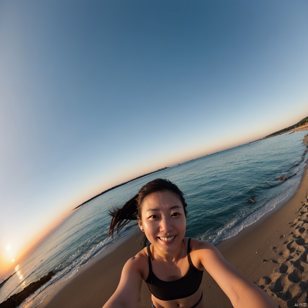 a Asian woman takes a fisheye selfie on a beach at sunset,  prospect,  High angle overhead view on Tensor.Art