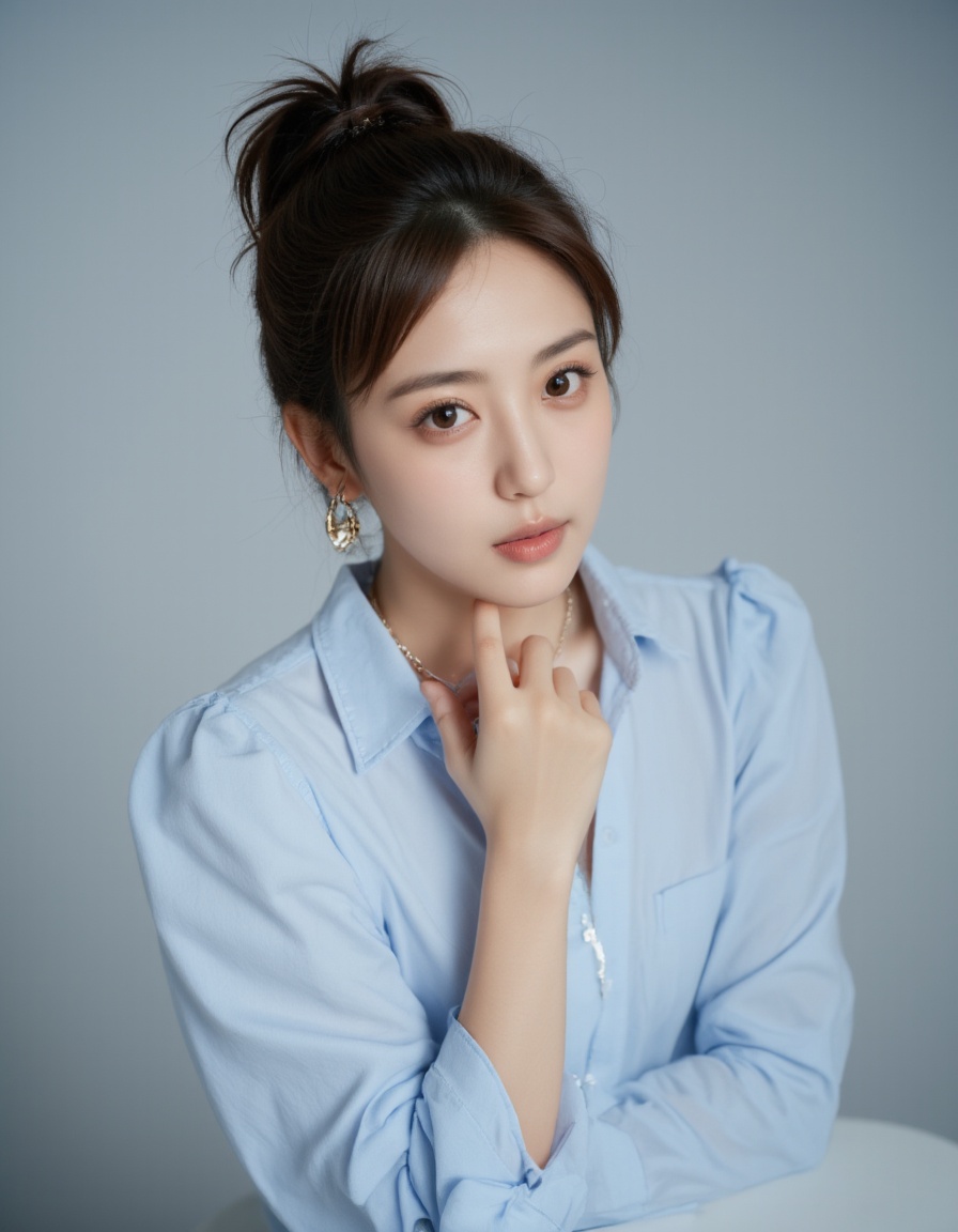 The image is a portrait of a young woman posing in a light blue dress. She is standing with her body slightly turned to the side, with her left hand resting on her chin and her right hand on her hip. She has a serious expression on her face and is looking directly at the camera. Her hair is styled in loose waves and she is wearing large hoop earrings and a necklace. The background is a plain grey color. The overall mood of the image is serious and contemplative. <lora:古力娜扎flux-lora-000008:1>,