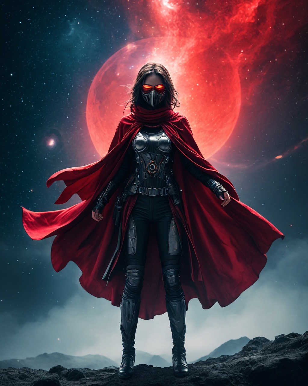 DARK throwing a Stone Pose,fight stance,Leg Up,Low Angle View,. a woman with rotten Guy fawkes mask and a outworn detailed old high collar and vibrant translucent DARK-red cyberpunk Samurai jacket,Large linen cape,surrounded by a detailed monochrome spacescape with translucent vibrant Blood red Highlights,hyper-detailed,sharp,high resolution,high quality,32K,Ultra realistic,HD,super detailed,line art,abstract style,. ethereal,atmospheric haze,Film grain,cinematic film still,shallow depth of field,highly detailed,high budget,cinemascope,moody,epic,OverallDetail,gorgeous,2000s vintage RAW photo,photorealistic,candid camera,color graded cinematic,eye catchlights,atmospheric lighting,skin pores,imperfections,natural,shallow dof,In the depths of this nocturnal tableau lies the promise of exploration and discovery,where the spirit of the astronaut converges with the boundless possibilities of the cosmos. Though Earthbound for now,her spirit remains untethered,reaching out towards the distant stars with an unyielding resolve to explore,to discover,and to soar beyond the limits of imagination.,