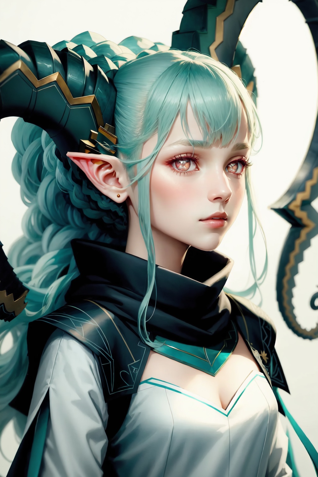 portrait,close-up,upper body,tiamat_(fate),1girl,curled_horns,symbol-shaped_pupils<lora:tiamat_(fate):1>,simple background,white background,masterpiece,best quality, highly detailed, 