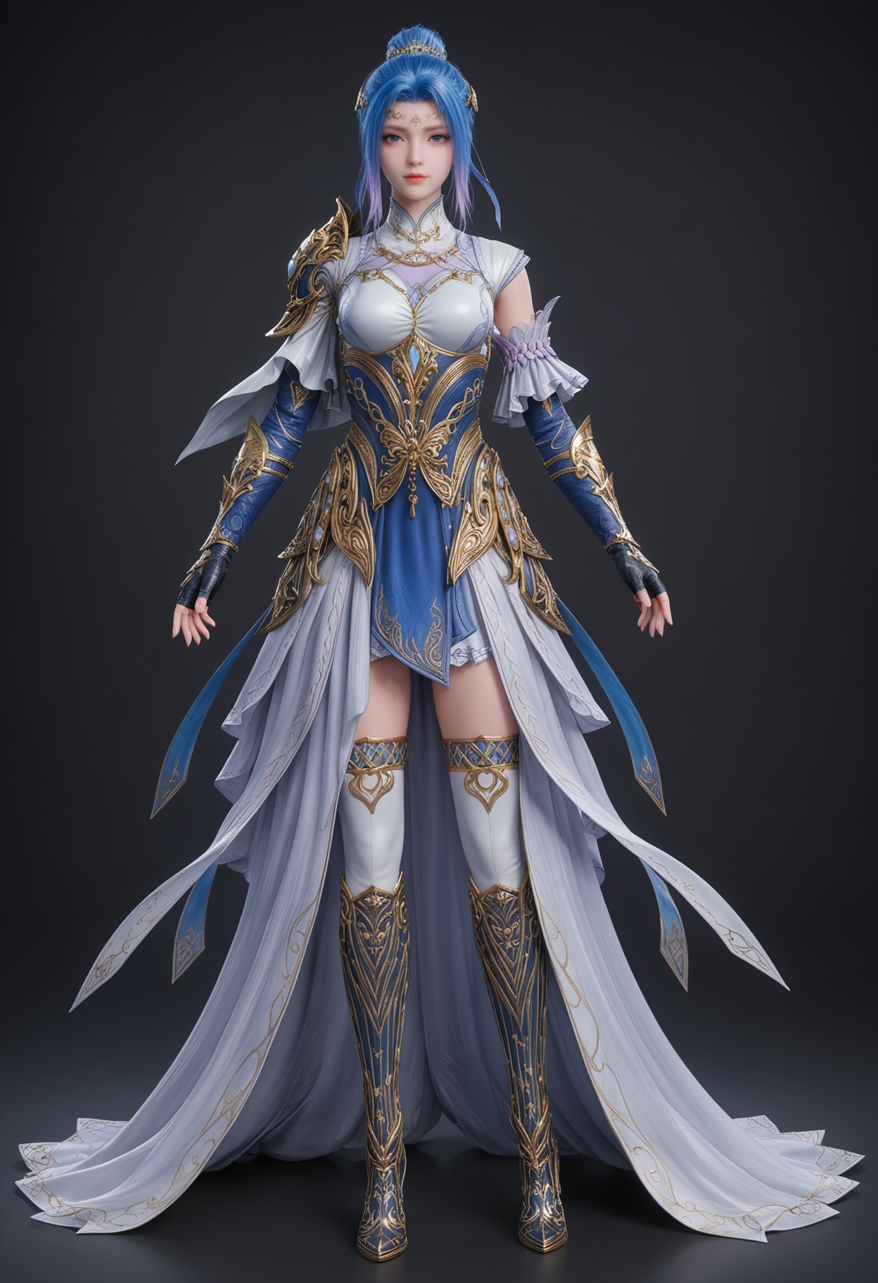 (standing full_body:1.1),score_9,score_8_up,masterpiece,(best quality),intricate details,facing viewer,(looking at viewer:1.1),<lora:YQ_pony_tangwutong_fuzhuang4_V4:0.8>,q1528437228,1girl,solo,blue hair,dress,blue eyes,hair bun,hair ornament,armor,gloves,single hair bun,forehead mark,white dress,fingerless gloves,boots,thighhighs,shoulder armor,high heels,short hair,long hair,blue dress,high heel boots,black gloves,detached sleeves,knee boots,multicolored hair,pauldrons,jewelry,skirt,white thighhighs,BREAKscore_9,score_8_up,masterpiece,(best quality),perfect anatomy,(hourglass),perfect face,(simple background,pure black background,black background:1.1),fair_skin,shiny_skin,Ivory_skin,