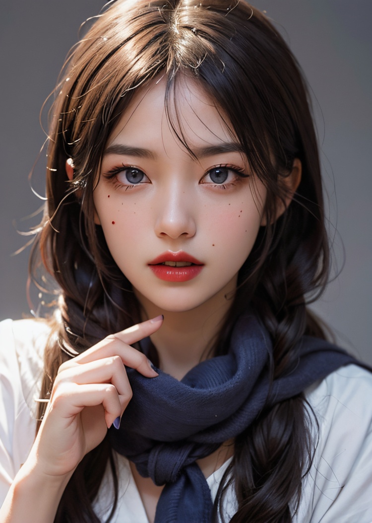 1girl, blue eyes, black hair, realistic, scarf, looking at viewer, twintails, solo, lips, long hair, portrait, nose, closed mouth, solo focus, finger to mouth, simple background, traditional media, pov, purple scarf, close-up, mole, blue background, bangs, signature, upper body, parted lips, out of frame, red lips, hair between eyes, pov hands, open mouth, blush, makeup, brown hair, grey background, eye focus, lipstick,  realistic details, surrealistic, sense of reality, intense contrast of light and shadow