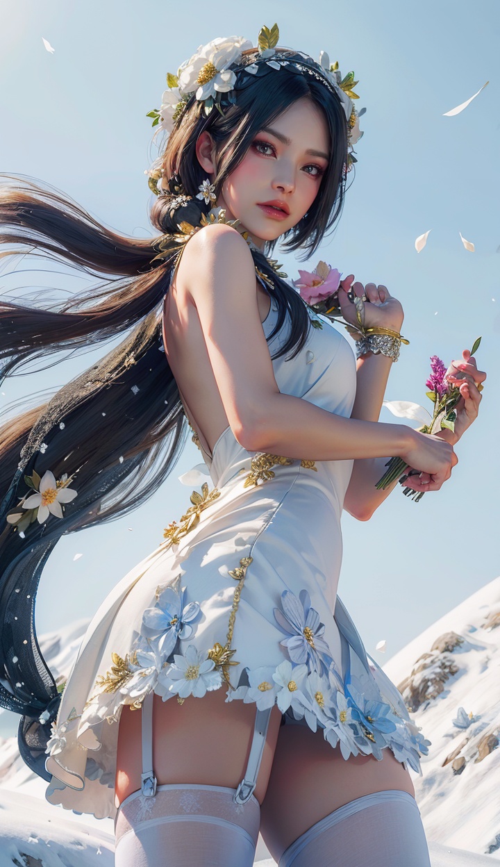 masterpiece,highres,1girl,solo,sfw,<lora:add_detail:0.3>,thighhighs,((beautiful Dress+stocking):1.25),((flower headdress:1.45)),((white theme:1.5)),snow,outdoors,snowflakes,sleeveless,3D graphics,looking_at_viewer,front view,dynamic pose,ada wong,<lora:adawongre4r-000005:0.7>,