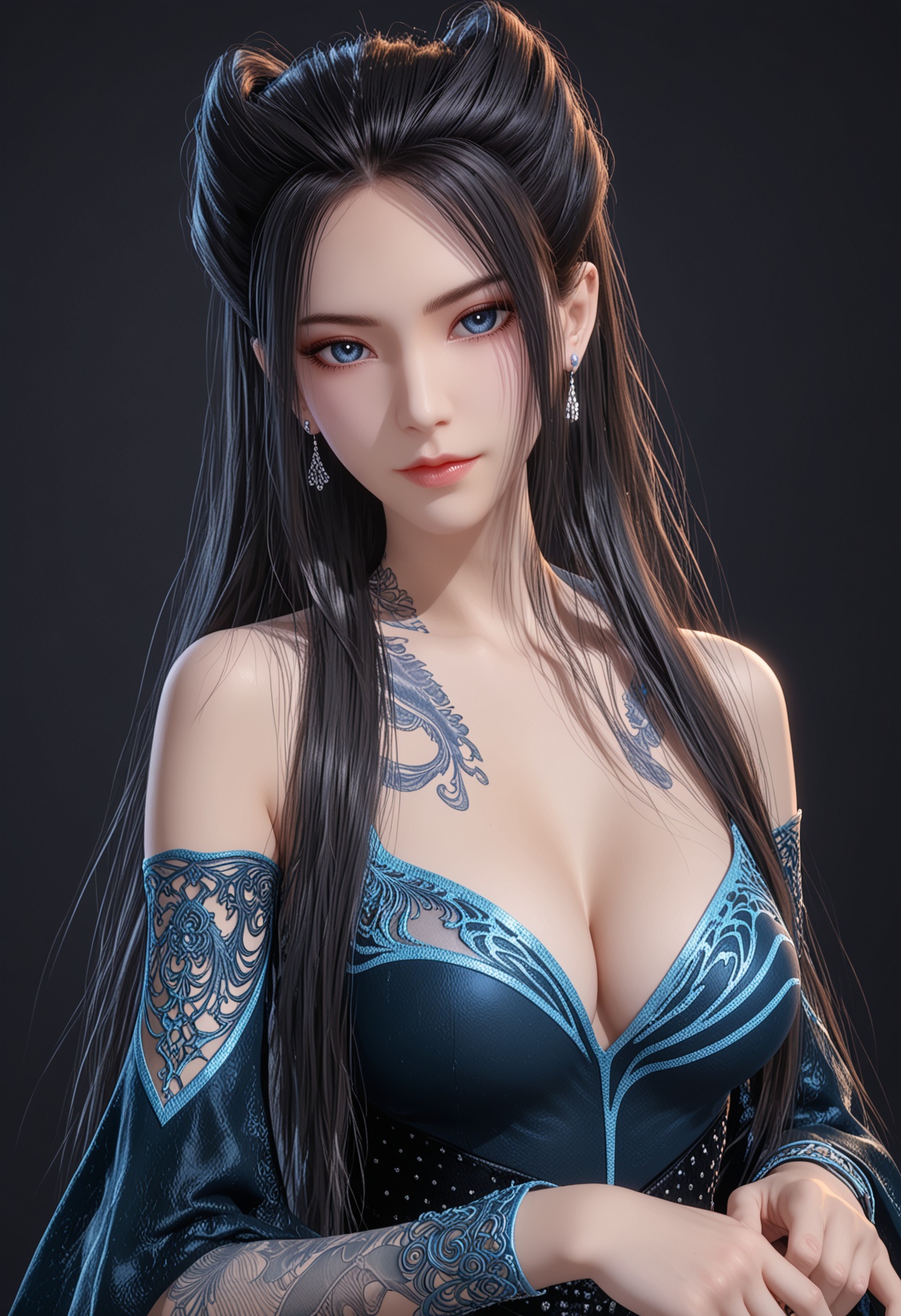 score_9,looking_at_viewer,(upper body:1.2),(huge breasts:0.5),1girl,solo,black_hair,long_hair,dress,bare_shoulders,breasts,blue_eyes,realistic,cleavage,hair_bun,detached_sleeves,jewelry,blue_dress,(stud earrings:1.1),high_heels,black_dress,piercing,tattoo,ear_piercing,shoes,footwear,(simple background,pure black background,black background:1.1),perfect_anatomy,<lora:QQSponyyanlingjilanyiV1:0.8>,