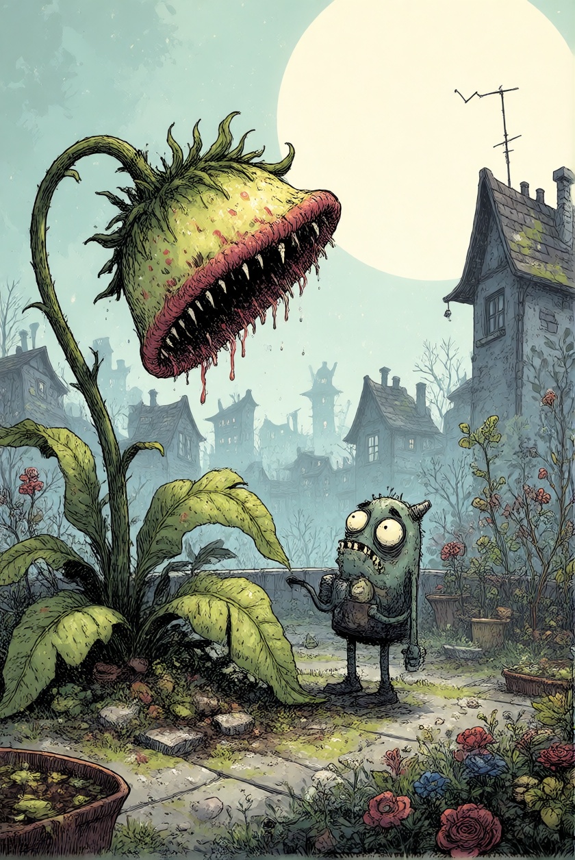 ToonDaal,  A tiny nervous monster tending an enormous carnivorous flower in a neglected rooftop garden,  holding a waterin...