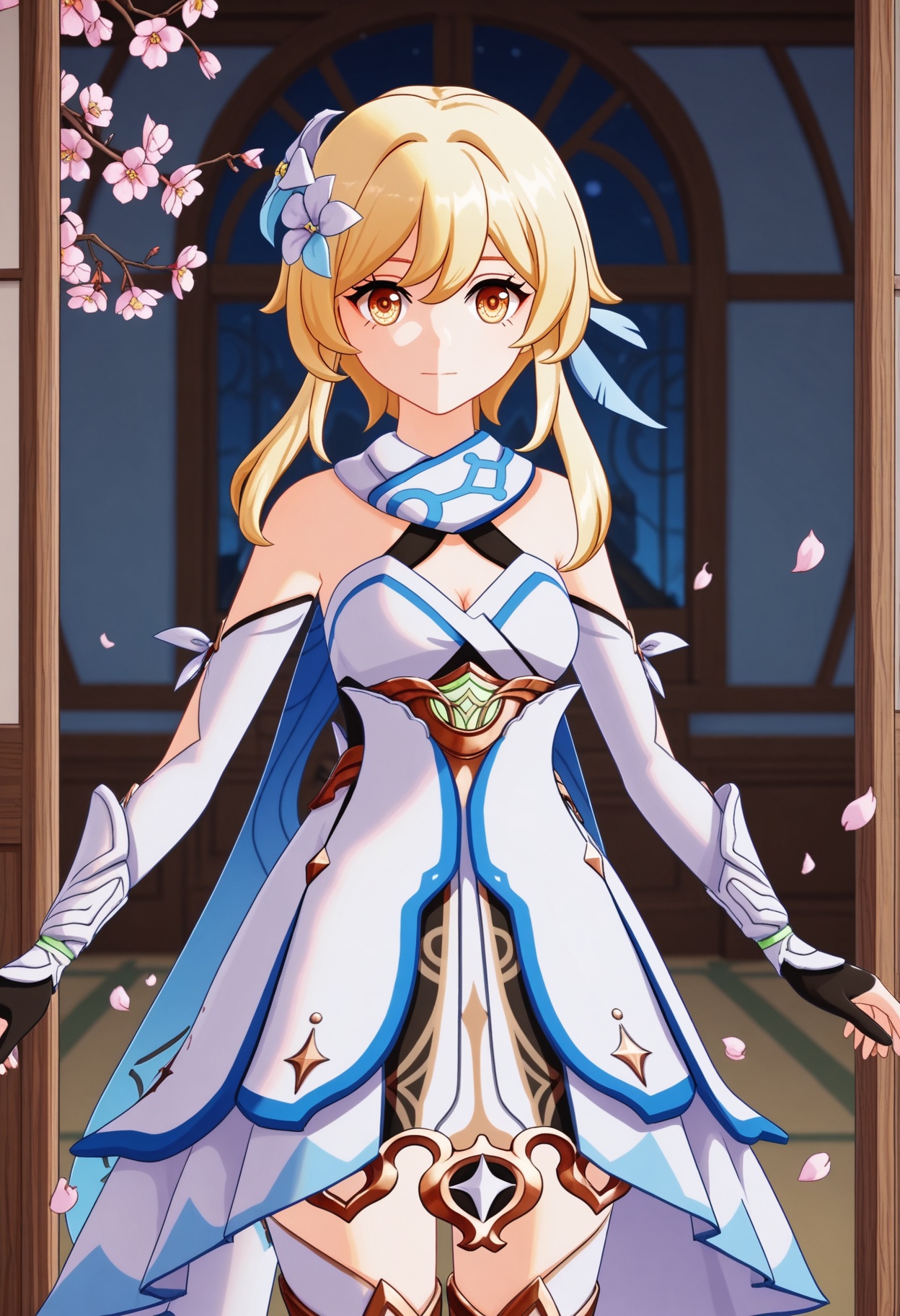 (cowboy shot:1.2),looking at viewer:1.1,masterpiece,(best quality),(mutated_hands:-1.2),(bad hands:-1.2),smog,Dark room,dim lighting,peach blossom,falling petals,<lora:YQ_Illustrious光辉v5_荧_V1:0.8>,q1528437228,1girl,solo,lumine (genshin impact),blonde hair,hair ornament,dress,hair flower,white dress,short hair with long locks,detached sleeves,yellow eyes,scarf,sidelocks,feather hair ornament,gloves,white thighhighs,boots,