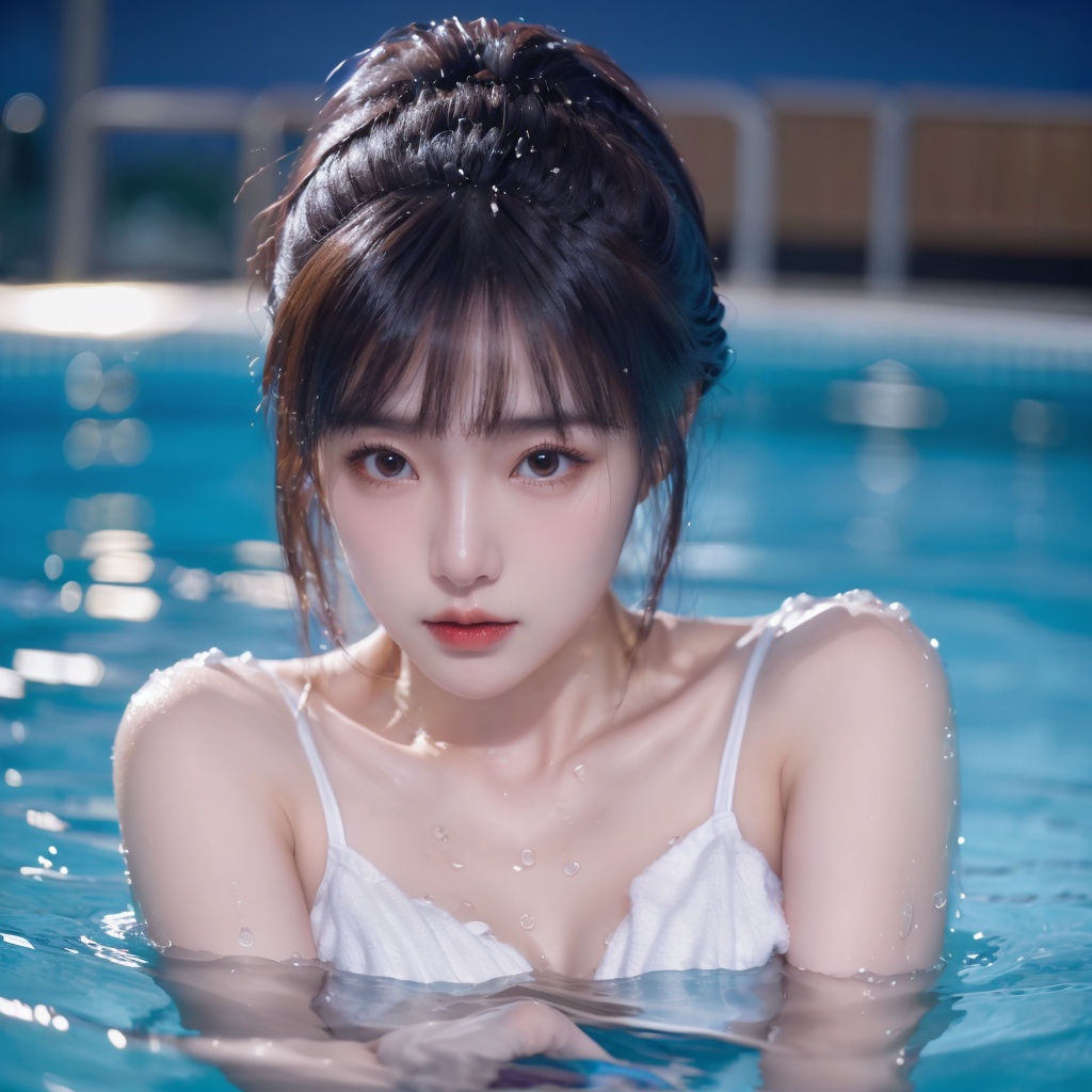 1girl,towel,partially submerged,breasts,brown eyes,lips,water,waves,wet,Pool,Red lips, close-up, water vapor, lighting, at night, <lora:20231109-1699510907344:0.6>