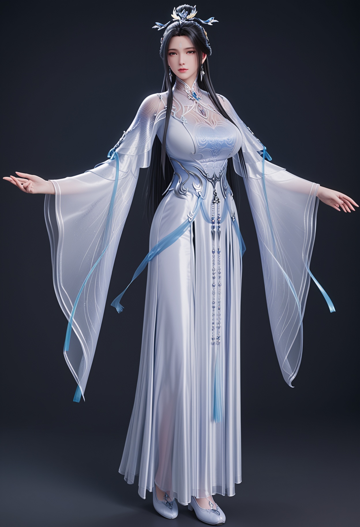 (full body:1.1),81.<lora:YQponyluxueqiV14:0.8>,q1528437228,1girl,solo,earrings,black_hair,long_hair,hair_ornament,hair_bun,forehead_mark,single_hair_bun,facial_mark,dress,white_dress,chinese_clothes,long_sleeves,jewelry,,(huge breasts:0.8),(looking_at_viewer:1.1),(mature female:1.3),BREAK intricate details,shiny_skin,solo focus,perfect_anatomy,(score_9:1.3),(simple background:-1),(blurry:-1.2),(masterpiece:1.3),(best quality:1.3),(simple background,pure black background,black background:1.1),