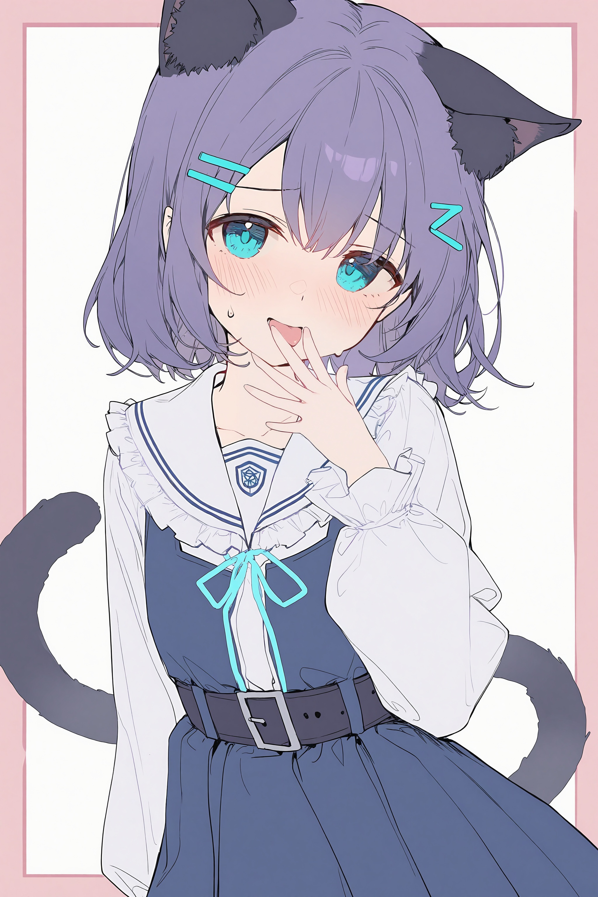 <lora:nai4zhengliu-ckxl0.2_v1-000071:0.9>,high resolution,aesthetic,excellent,medium resolution,1girl,cat ears,cat tail,purple hair,short hair,bob cut,blue eyes,cyan eyes,blush,tongue out,licking,hand to mouth,sweat drop,hairclip,red hairclip,sailor collar,frilled collar,white shirt,long sleeves,puffy sleeves,frilled cuffs,blue dress,pinafore dress,jumper skirt,bow,ribbon,belt,crest,upper body,looking at viewer,simple background,white background,pink border,