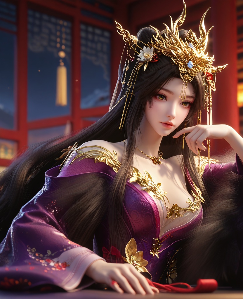 (sunbathing:1.1),(large breasts:1.2),<lora:XL16云深不知梦羲和醉蝶花:0.95>,miss xihe,purple gown,fur trim,mole under left eye,black hair,absurdly long hair,traditional chinese updo with long front strands,hair ornament,jewelry,floral embroidery,wide sleeves,, score_9,score_8_up,score_7_up,score_6_up,score_5_up,score_4_up,3d rendering,tag1,tag2, Cinematic Lighting,backlighting,