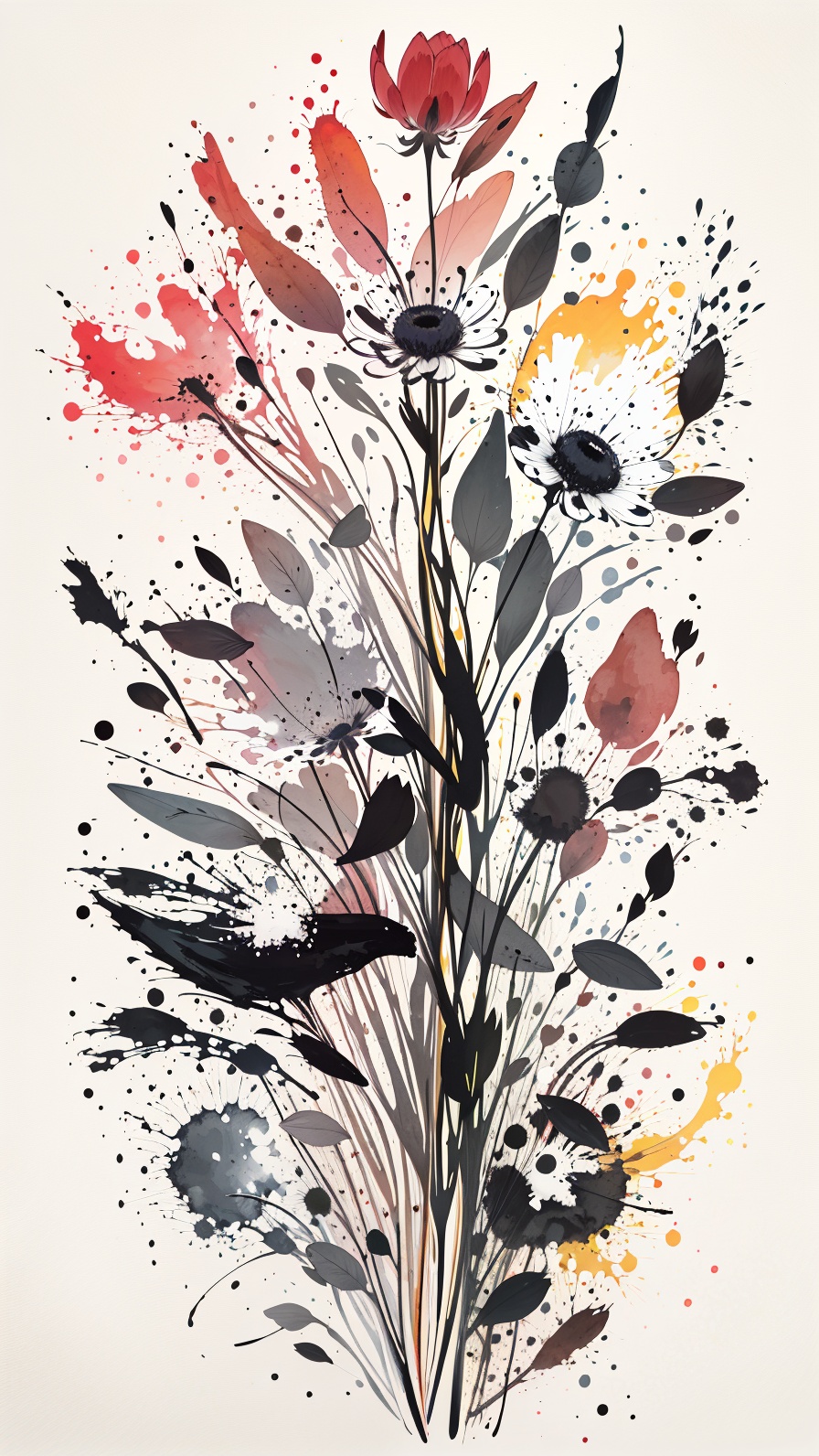 best quality,masterpiece,highly detailed,ultra-detailed, flowers,leaves <lora:neg9V2_last:0.5>  limited palette, <lora:ColorInkSplashing_last:1.25>  