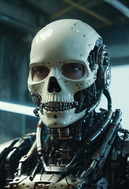 Cyberpunk, sci-fi, dark-fantasy, kodak portrait 400, 8k, soft light, volumetric lighting, highly detailed, britt marling style 3/4, portrait photo of a war man cyborg robot in a chemical laboratory + face, face is skullbone with scares, intricate, elegant, highly detailed, devil-armor, 2D motifs detailed dark fantasy digital painting, artstation, concept art, smooth, sharp focus, illustration, art by Otomo Katsuhiro and ShirÅ Masamune and Oshii Mamoru. Cosmic light in backfront