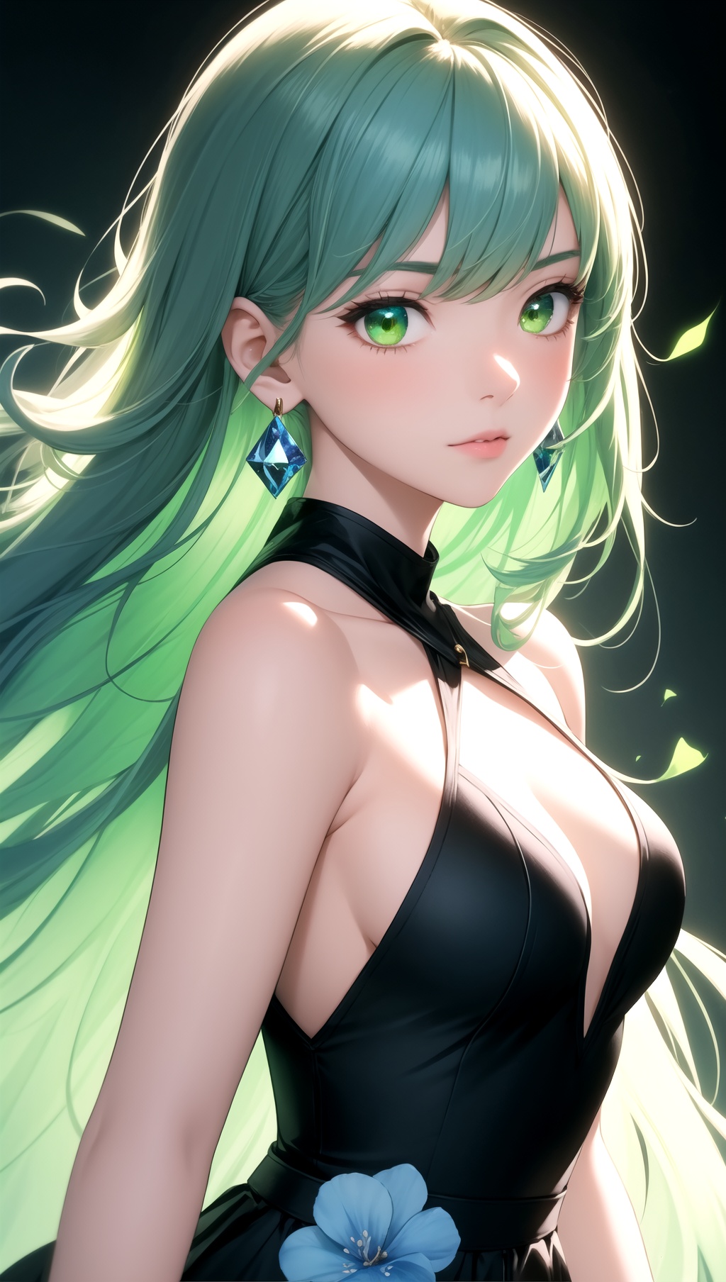 A beautiful girl with off-white long hair,  white luminous eyes,  green luminous earrings on Tensor.Art