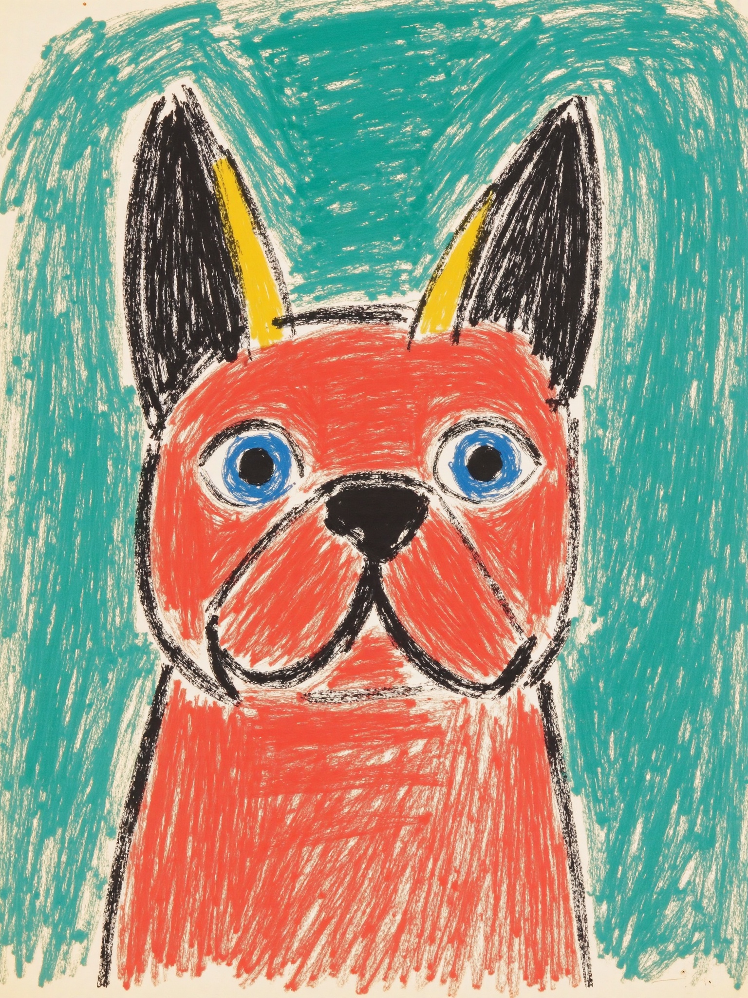 A drawing of a dog in the style of Henri Matisse,crayon on paper,with simple lines,colorful,cute,and funny. It depicts a red French Bulldog with blue eyes and black ears pointing upwards. A yellow horn is drawn on each side of its head. The background color is a greenish-blue,and it appears to have been drawn by a young child. The artist seems to have used colored chalk to create the animal,using only two colors for the fur. There is no detail or shading in any part of the picture,