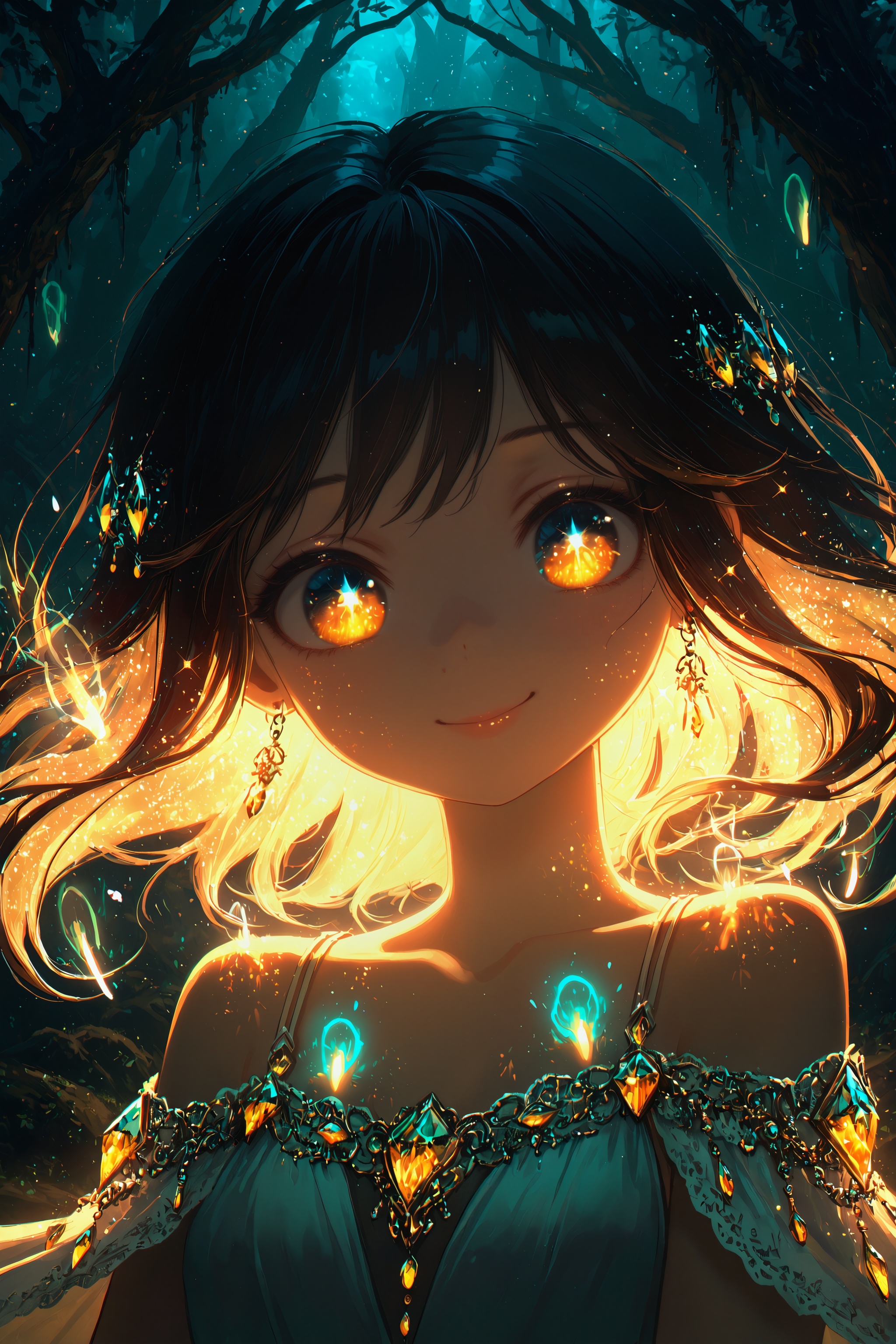porforever_style,  solo girl close up portrait fantasy setting large expressive eyes detailed facial features glowing magi...