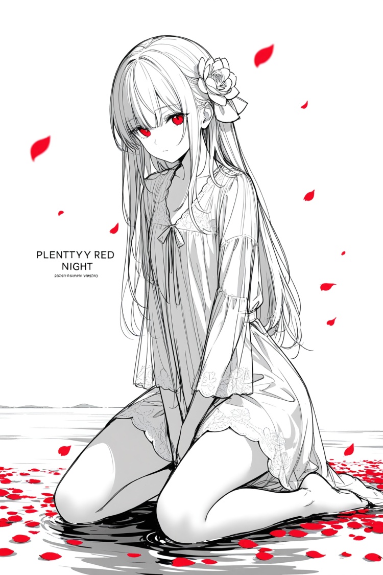 (masterpiece),(best quality),illustration,ultra detailed,hdr,Depth of field,(colorful),1girl,red eyes,white long translucent night gown,expressionless,(white hair),hair cover one eye,long hair,red hair flower,kneeling on lake,blood,(plenty of red petals:1.35),(white background:1.5),(English text),greyscale,monochrome,greyscale,monochrome,sketch,