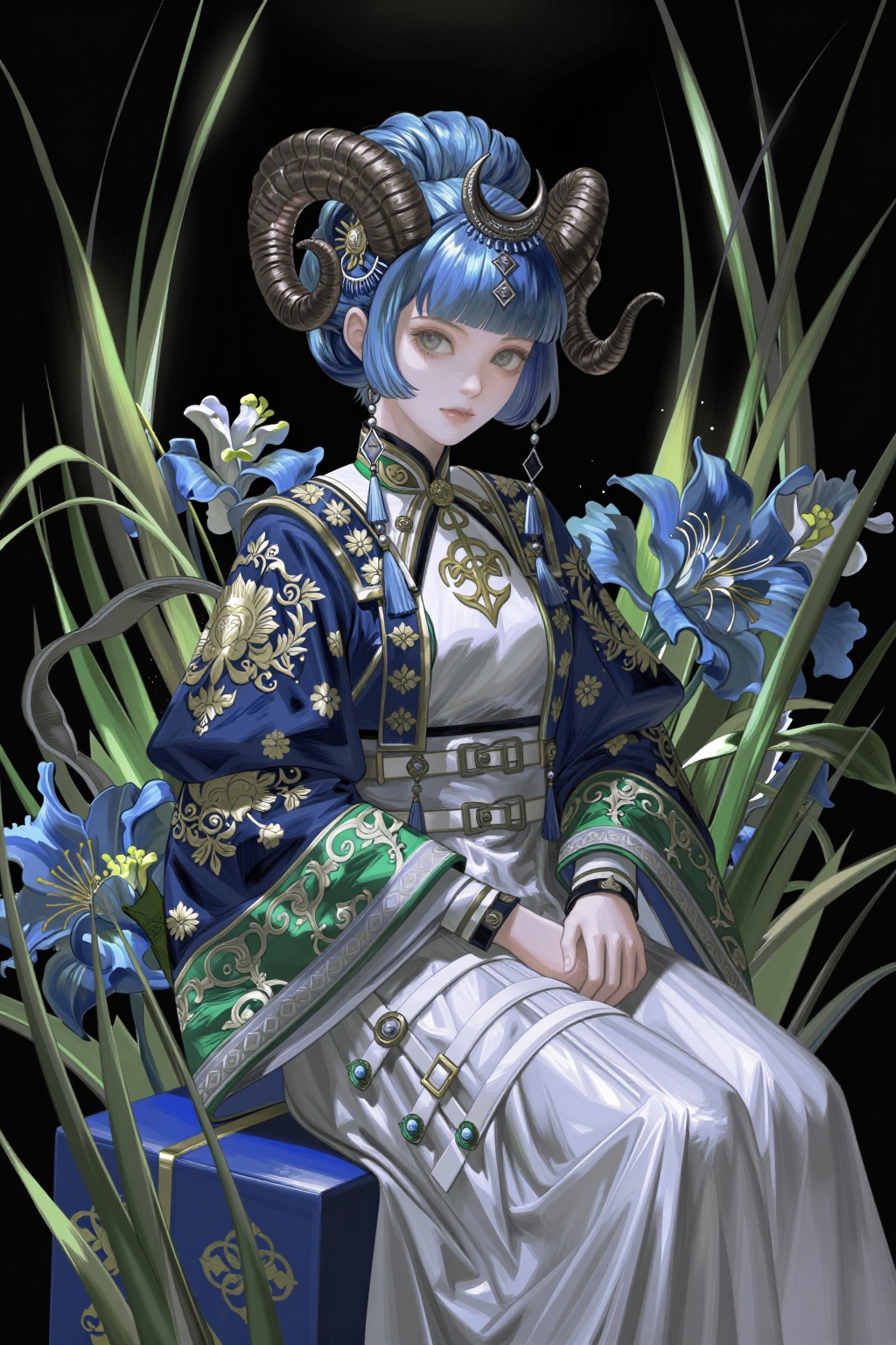 A stylized young female character with pale skin,  large light-colored eyes,  and vibrant blue hair styled in a wide updo...