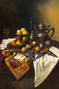 aliekexie,masterpiece,best quality,<lora:阿列克谢·安东诺夫:0.8>,a painting of a table with a bunch of items on it and a pair of scissors on the table,highly detailed oil painting,a still life,super realistic still life,(no_humans:1.2),on the desktop,multiple tools,