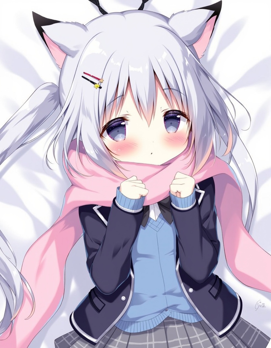 shiratama_(shiratamaco), commentary_request, highres, 1girl, :o, animal_ear_fluff, animal_ears, bed_sheet, black_bow, black_jacket, blazer, blue_cardigan, blue_eyes, blush, bow, bowtie, cardigan, cowboy_shot, enpera, fringe_trim, grey_hair, grey_skirt, hair_between_eyes, hair_bow, hair_ornament, hairclip, hand_up, jacket, long_hair, long_sleeves, looking_at_viewer, open_clothes, open_jacket, parted_lips, pinching_sleeves, pink_scarf, plaid_clothes, plaid_skirt, pleated_skirt, scarf, school_uniform, shirt, skirt, sleeves_past_wrists, solo, star_(symbol), very_long_hair, white_shirt, , original, year_2022,, <lora:flux-Shiratamaco-000008:1>