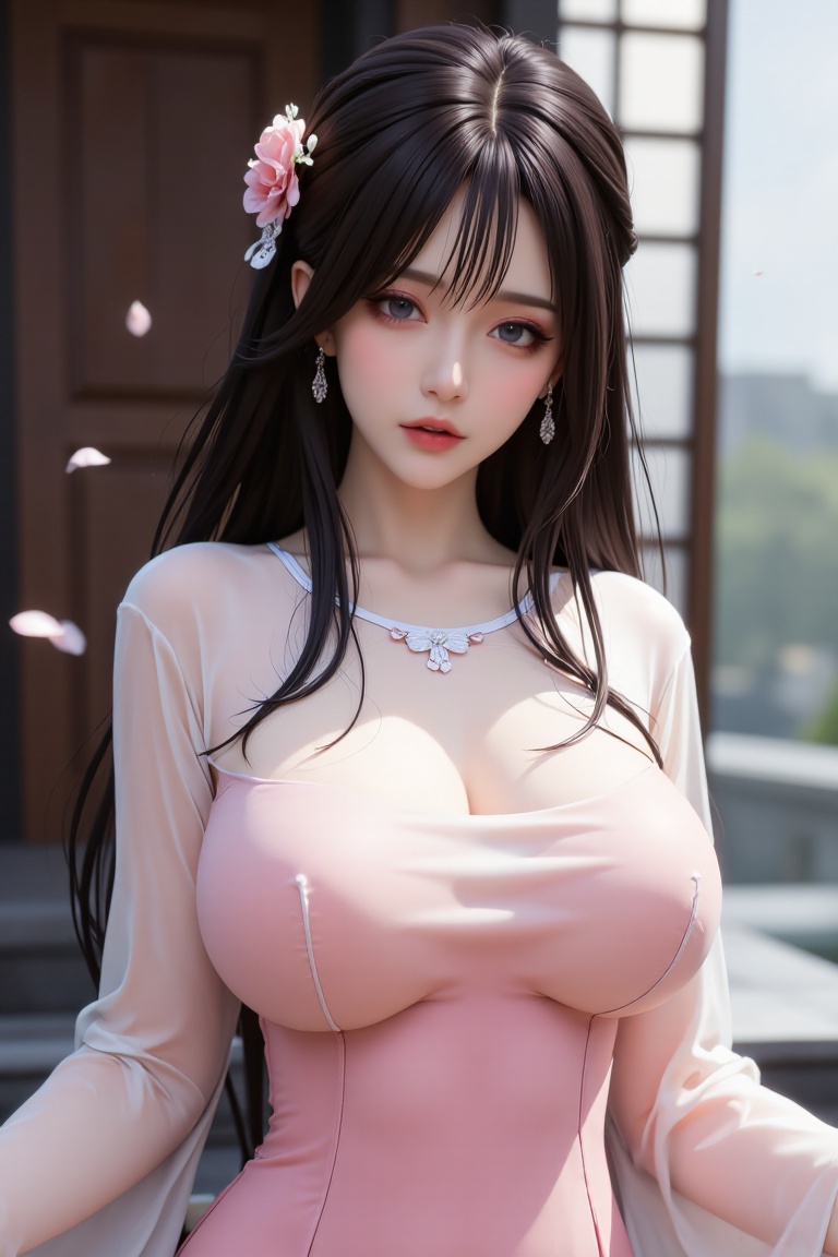 Fire Shine-Windy 0.9,GFSM,8K image.black hair,GG,1girl,solo,long hair,breasts,black hair,hair ornament,long sleeves,dress,cleavage,jewelry,flower,earrings,wide sleeves,petals,chinese clothes,butterfly,stairs,falling-trals,resolution,rich details,authentic,best quality,masterpiece,exquisite details,delicate details,natural textures,soft lighting,sharpness,masterpiece,best quality (ray tracing),surrealism,photo realism,epic realism,this is a truly high-definition photo,stacked into composition,diagonal composition,complex details,epic,photo realism,detailed face,most beautiful face in the world,sexy,temptation,sense of lust,half closed eyes,,<lora:models/4718/608a3f01-10.safetensors:0.8:0.8>