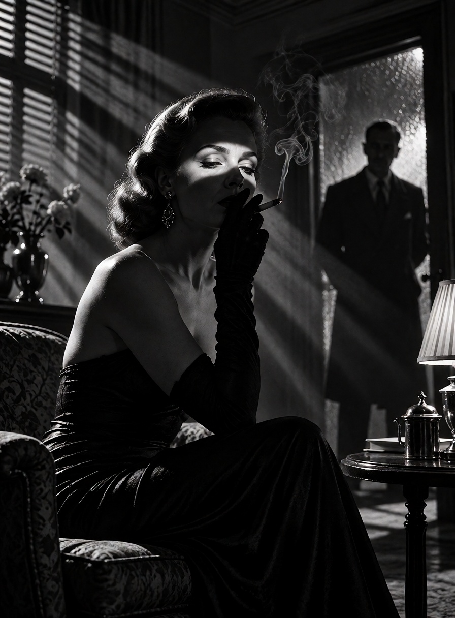 A dangerously beautiful 1940s femme fatale in a black satin evening gown sits alone in a luxurious penthouse,  holding a c...