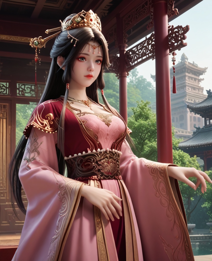 (oriental architecture, elegant decor, sophisticated style:1.1),(Standing, hand on a tree or pole,:1.1),(breasts:1.2),<lora:XL16牧神记灵毓秀:0.95>,miss lingyuxiu,red short top worn over pink tiered dress,grey eyes,black hair,draped chignon with front tubes hair,very long hair,necklace,wide flowing sleeves,red petticoat,pelvic curtain,, score_9,score_8_up,score_7_up,score_6_up,score_5_up,score_4_up,3d rendering,tag1,tag2, Cinematic Lighting,backlighting,