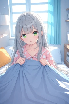 (masterpiece),(best quality),illustration,ultra detailed,hdr,Depth of field,(colorful),loli,1girl,clock,solo,alarm clock,under covers,green eyes,bed,long hair,pillow,indoors,sunlight,curtains,pajamas,grey hair,blanket,window,collarbone,bangs,