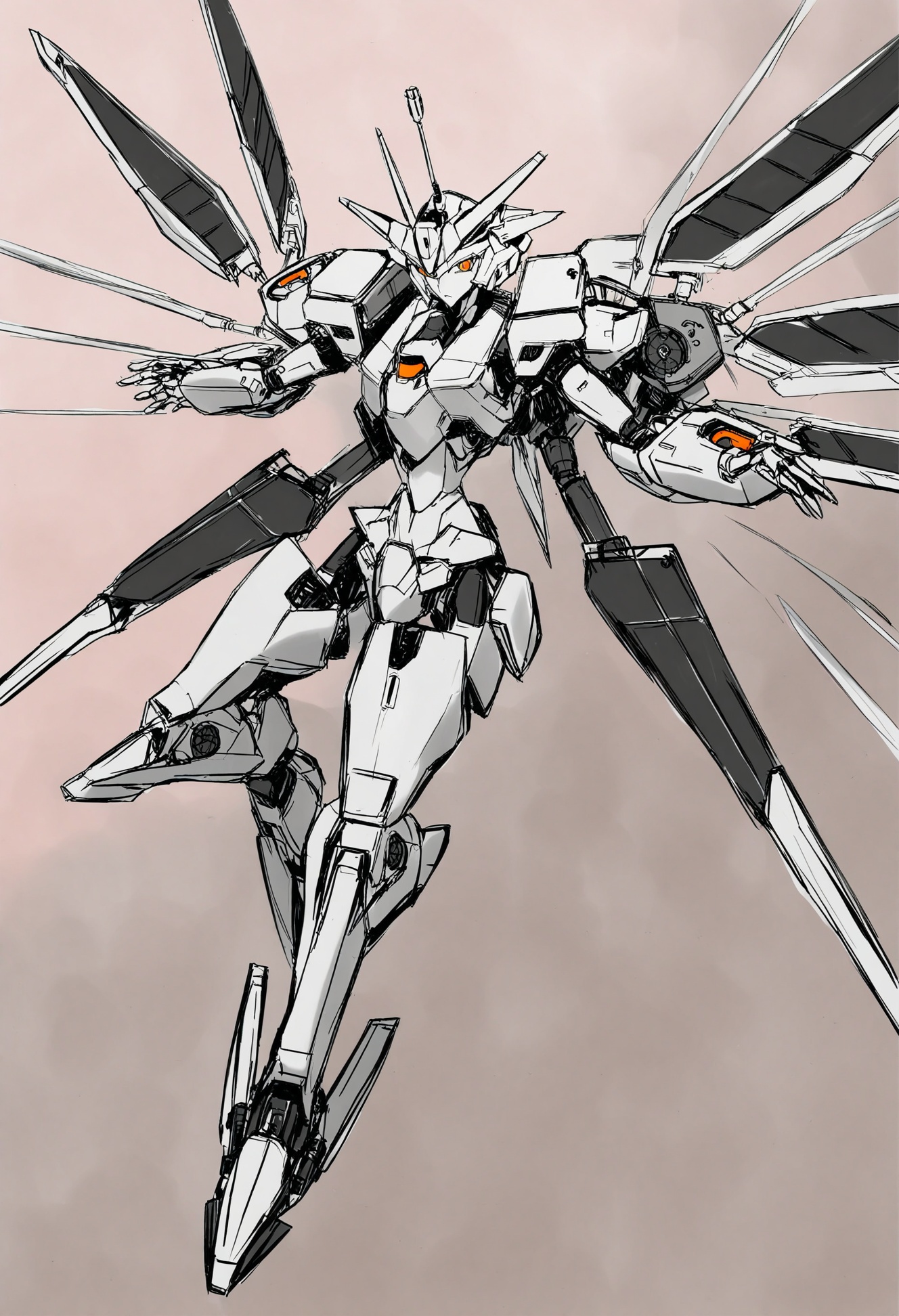masterpiece, best quality,   no humans, solo, sketch, wings, monochrome, spot color, abstract, robot, mecha, science fiction, full body, machine, looking at viewer, orange eyes, from side, white background, straight-on, orbital frame \(zone of the enders\), drill, greyscale, official style, crossed arms, mechanical wings, open hands, battlecruise \(bega tr coat\), radio antenna, machinery, headgear, floating, coat, traditional media, alternate eye color, humanoid robot <lora:hakuhiruoeoeXLlokr-000056:1>
