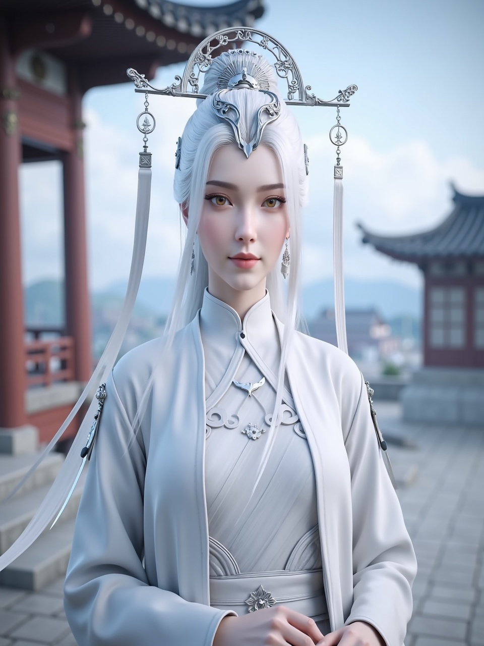 mmgjianma,3D animation of a female with Elegantly Styled Attire,outdoors,white hair,
