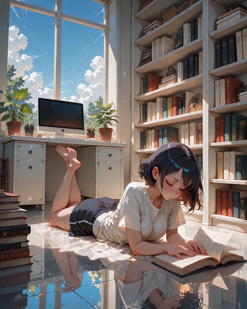 [An image showing a cozy,  modern library setting,  the scene is set against a bright on Tensor.Art