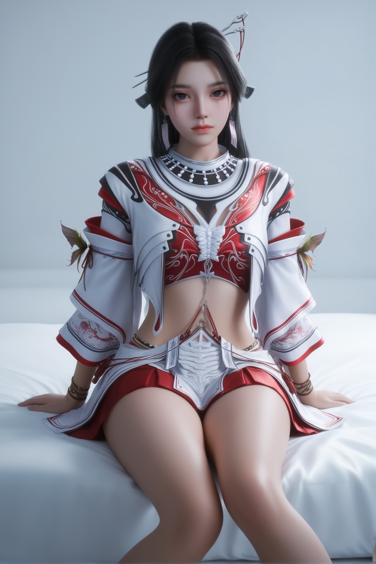 masterpiece,best quality,realistic,cinematic,detail eyes,(ultra-detailed),perfect composition,intricate details,absurdres,detailed face,high quality,high res,8K,<lora:X_yushuier_IL4.0:0.8>,black hair,1girl,solo,jewelry,skirt,long hair,realistic,midriff,looking at viewer,hair ornament,sitting,bed,white wall,thick_thighs,bare_legs,