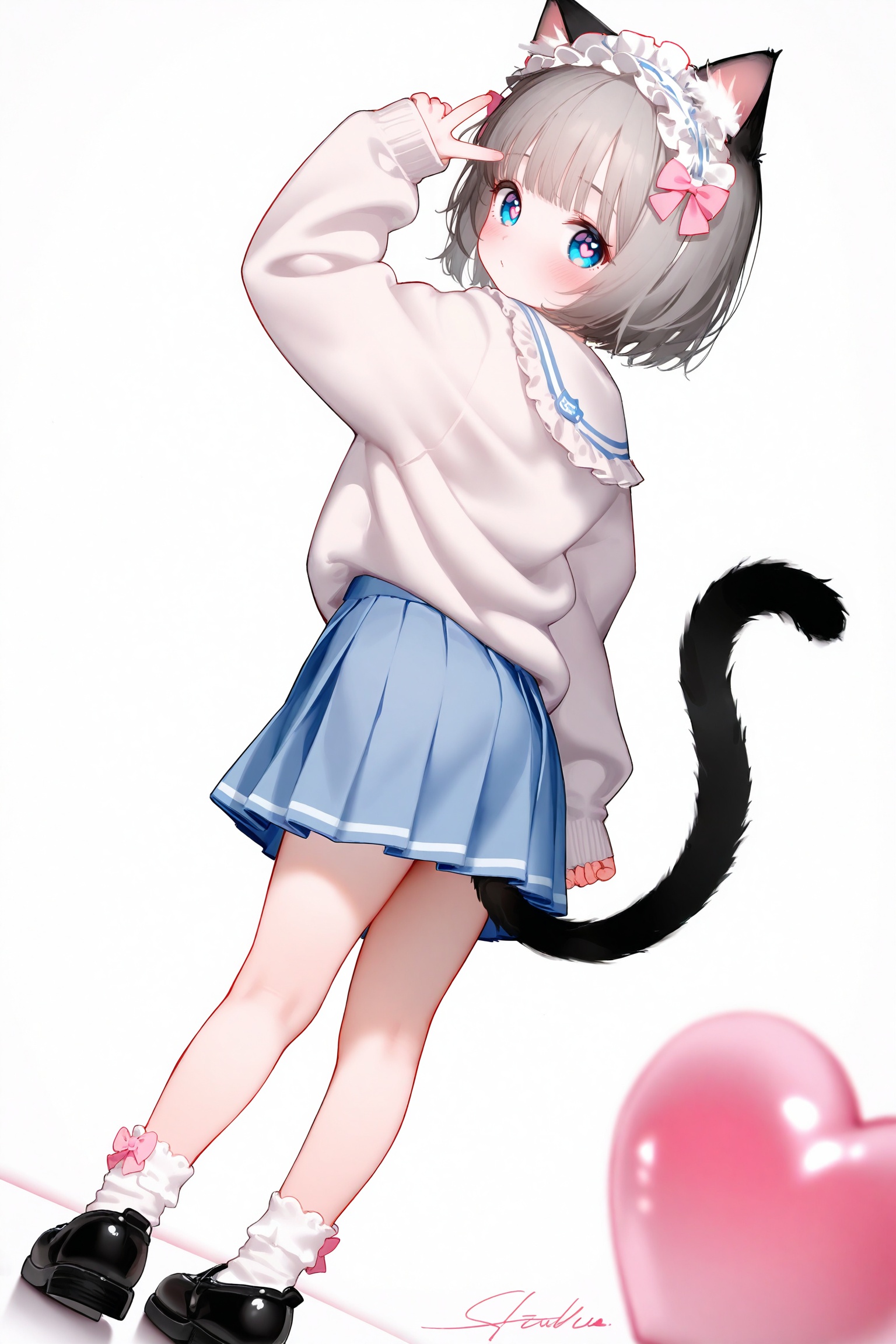 masterpiece,very aware,highres,absurdres,newest,best quality,petite,high quality,chromatic_aberration,cinematic_angle,dutch angle,child,petite,//,1girl, animal ear fluff, animal ears, arm up, black shoes, blue eyes, blue skirt, blush, bow, bow legwear, cat ears, cat girl, cat tail, frilled hairband, frills, from behind, full body, grey hair, hair bow, hairband, heart, heart-shaped pupils, long sleeves, looking at viewer, looking back, pink bow, pleated skirt, shoes, short hair, signature, simple background, skirt, sleeves past wrists, socks, solo, sweater, symbol-shaped pupils, tail, v, white background, white hairband, white socks, white sweater, commentary, highres, untranslatable commentary, wide shot<lora:22222.NAI4h:0.8>